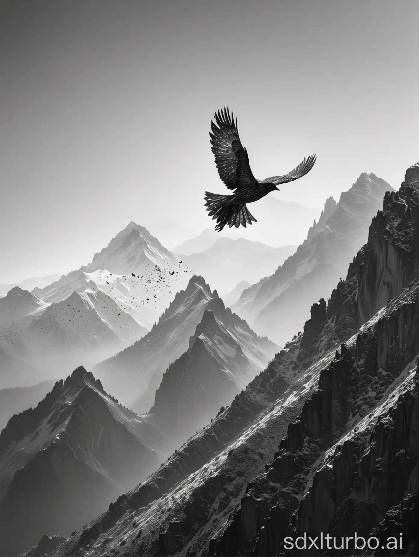 Majestic-Bird-Flying-Over-Mountain-Landscape-in-Black-Dot-Art