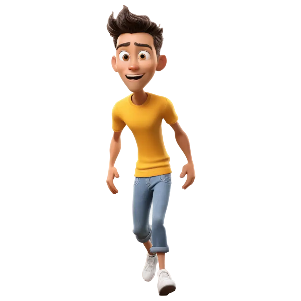 a 3D full body caricature realistic rendered Disney Pixar style. Very big head and tiny body. A 30 years old Indonesian man, chasing posed, wearing ripped jeans and a bright yellow t-shirt with "XMPL" text in the chest, looking at the camera, birdeye lens view. Tall, tiny body, oval chin, slightly eyes, bright skin. Body position is clearly visible. Isolated on solid white background. Use soft photography lighting with hair lights, edge lights, and top lights. Very high detailed photo.