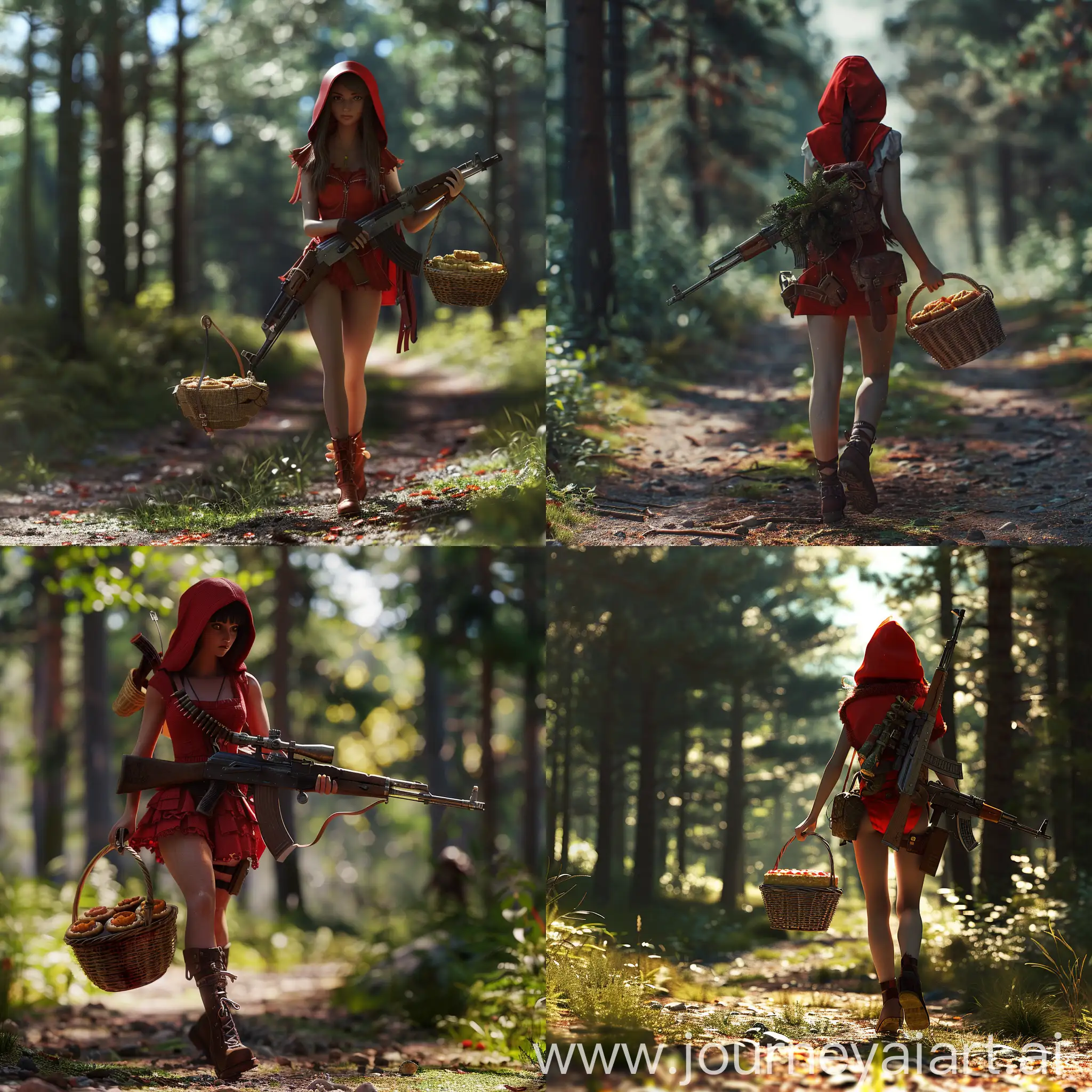 based on the fairy tale "Little Red Riding Hood", a beautiful girl in a red riding hood walks along a forest path in France, a basket of pies in one hand, a Kalashnikov assault rifle in the other, depth of field, sideways, bright saturated colors, extremely realistic images, shadows, high detail, Unreal Engine graphics, realism, 8K Ultra HD