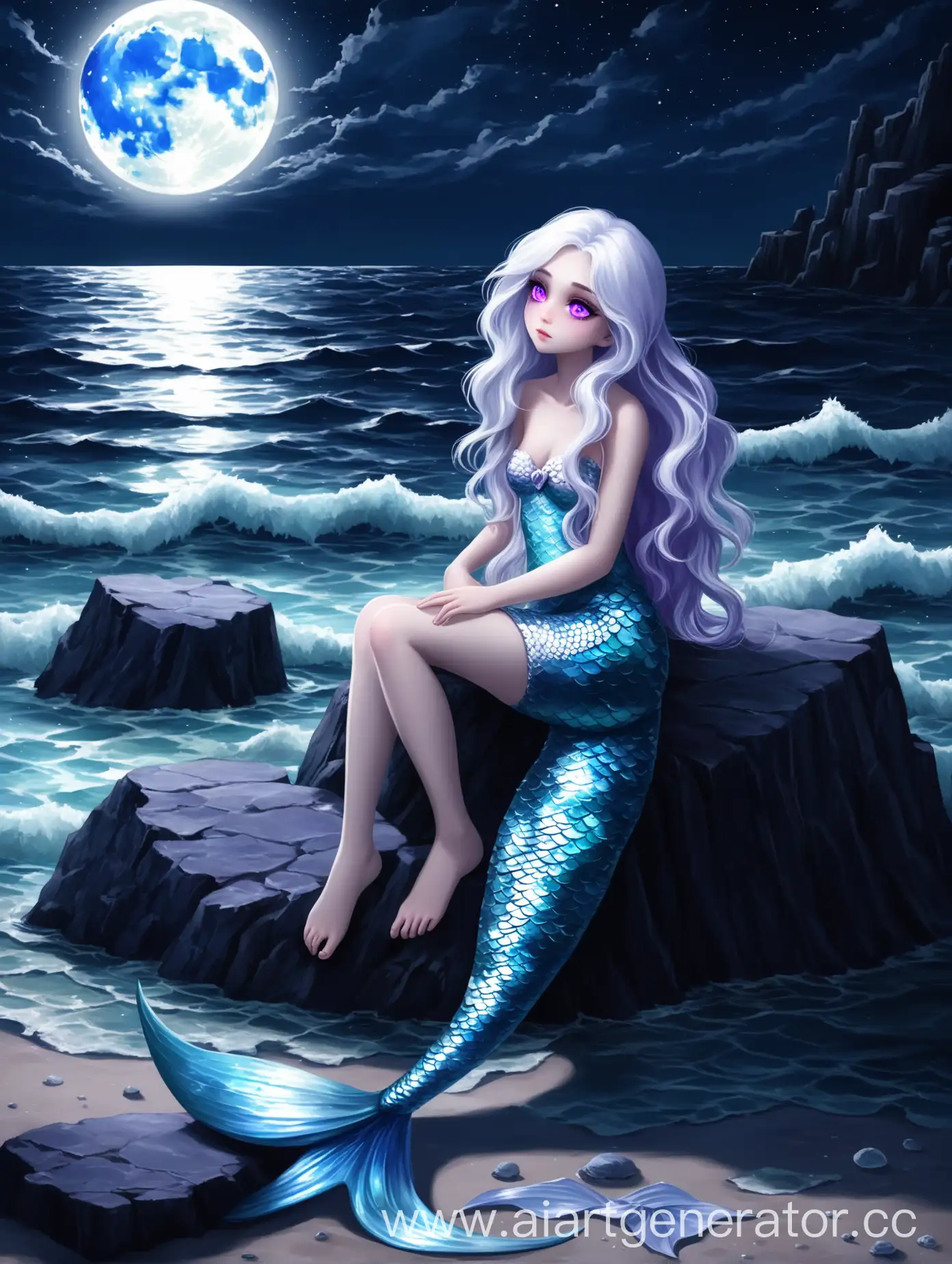Девушка с острыми чертами лица, глаза фиолетовые наполненные жаждой мести, волосы волнистые серебряные или белые, она русалка, хвост очень красивый переливается в лучах луны, она сиди на камне, вокруг море, лунная ночь
