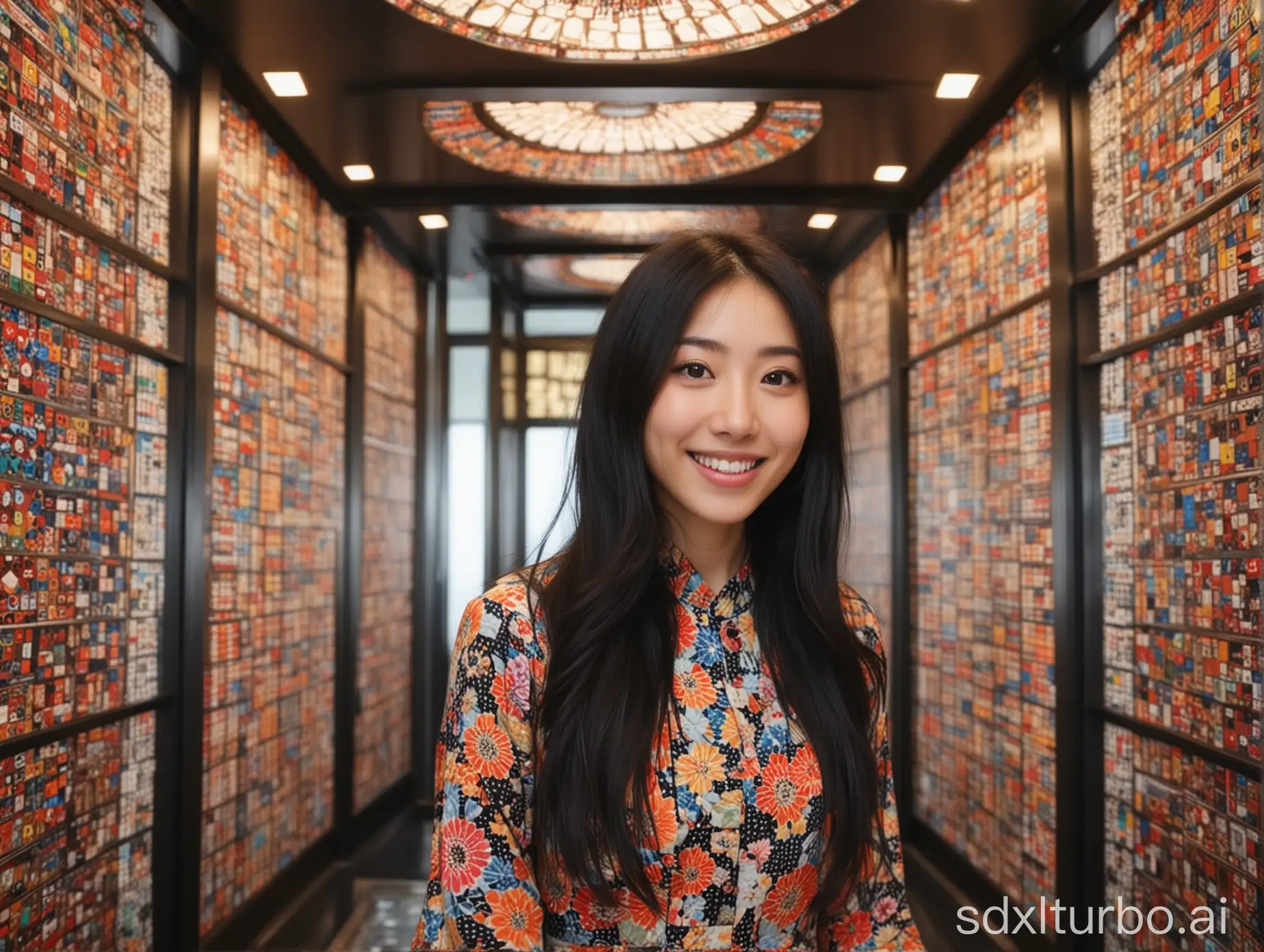 beautiful intellectual typical Japanese 33-year-old girl stands in Kaleidoscope elevator room, smiling, Instagram model, long black hair, warm, black eyes, height 6.5 feets, female, masterpiece, 4k, correct fingers, single, full-body