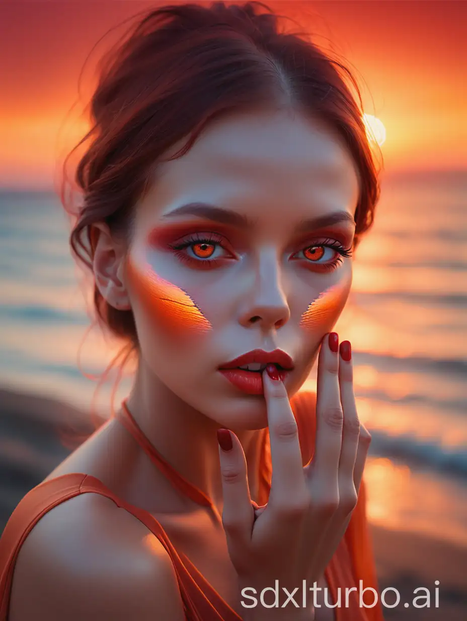 A striking, surreal portrait of a woman's face, with a mesmerizing sunset scene seamlessly integrated into her visage. Her eye is the focal point, exuding depth and emotion, while her lips are slightly parted, as if she's on the verge of speaking. She delicately touches her lips with a finger adorned with a sparkling ring. The sunset, featuring a myriad of warm orange and red hues, merges with her skin, creating an ethereal and dreamlike experience. Hans Darias AI masterfully captures the essence of a captivating moment, evoking a sense of wonder and emotion.