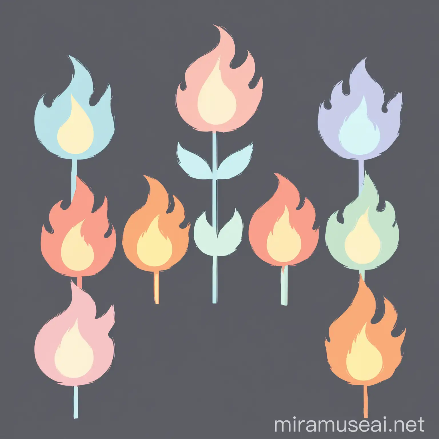 Illustration, vector, flatcolor, no background, Minimalist, simple, cutie mark, pastel colors, colorful, pretty, simple, Simple flower, simple flower and flatcolor fire, not particles, not faces, Single figure, logo, logo style, without text 