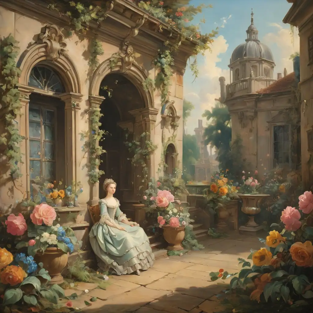 Rococo Era English Courtyard Oil Painting with Summer Blooms
