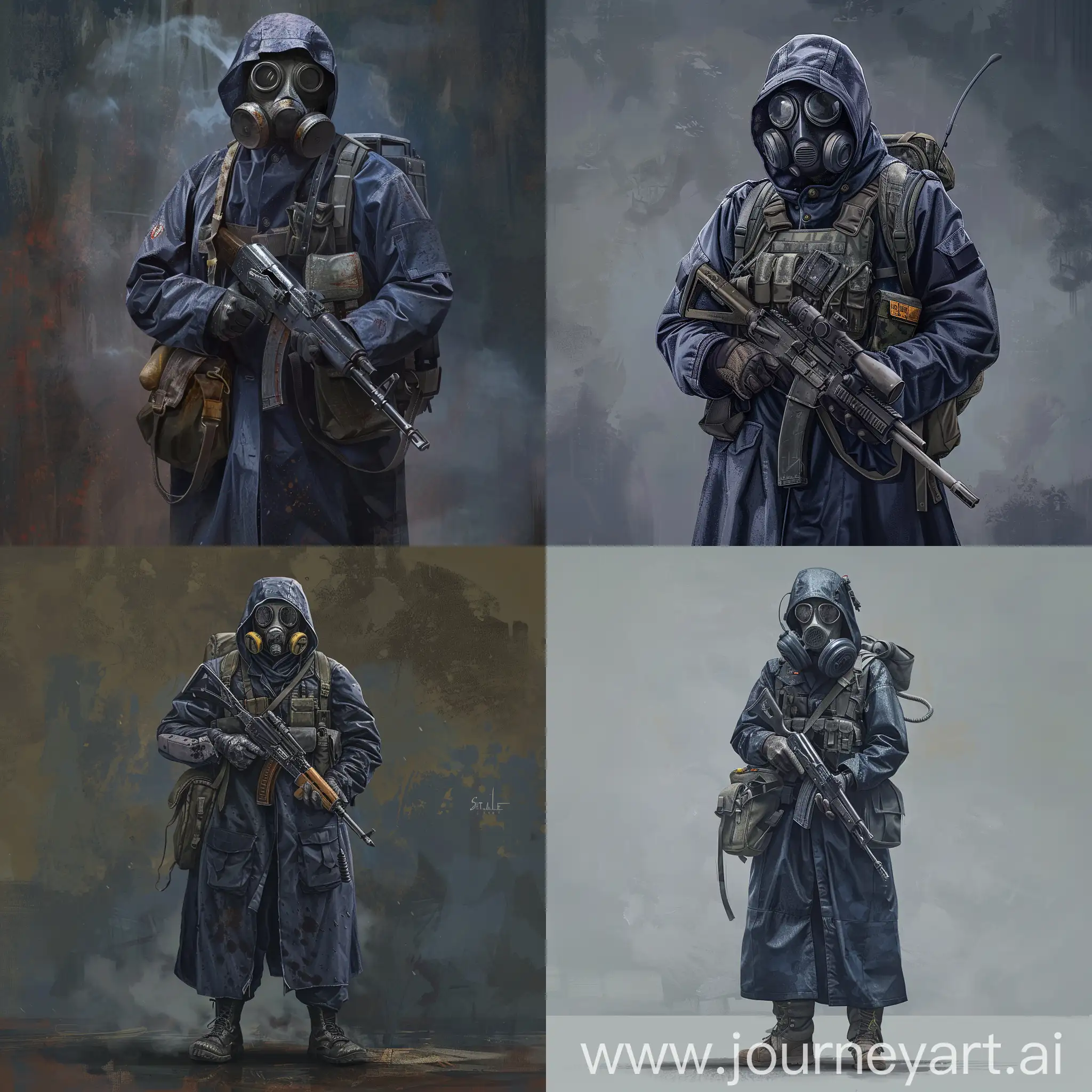 Concept game art character, a mercenary from the universe of S.T.A.L.K.E.R., a mercenary dressed in a dark blue military raincoat, gray military armor on his body, a gas mask on his face, a small military backpack on his back, shotgun in his arms.