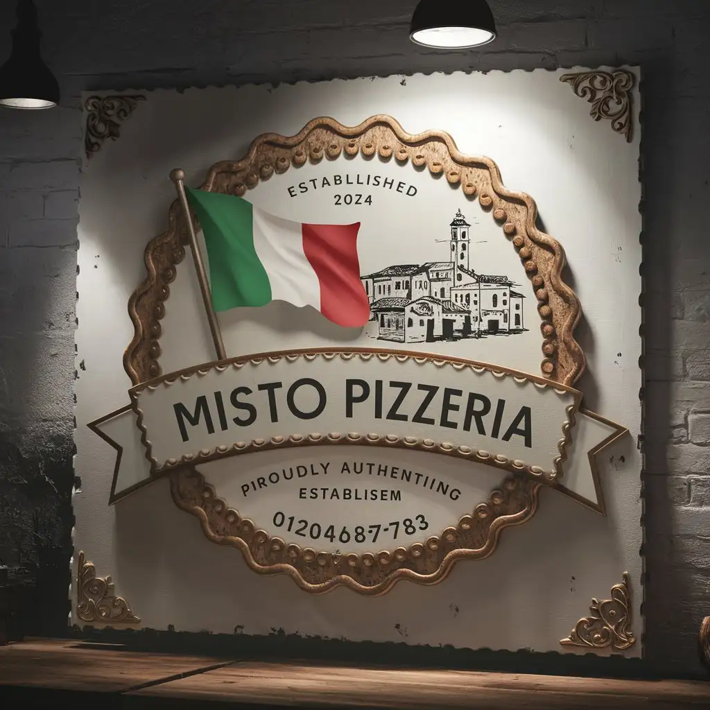 Misto Pizzeria, Emblem, Ornament, Edge decoration, Italian colors , White rustic background, EST 2024 , Italy flag, Slogan, Slice of Italy , Rustic, Sketched Italian City, Dim light, Rustic, Call us now 01204857783