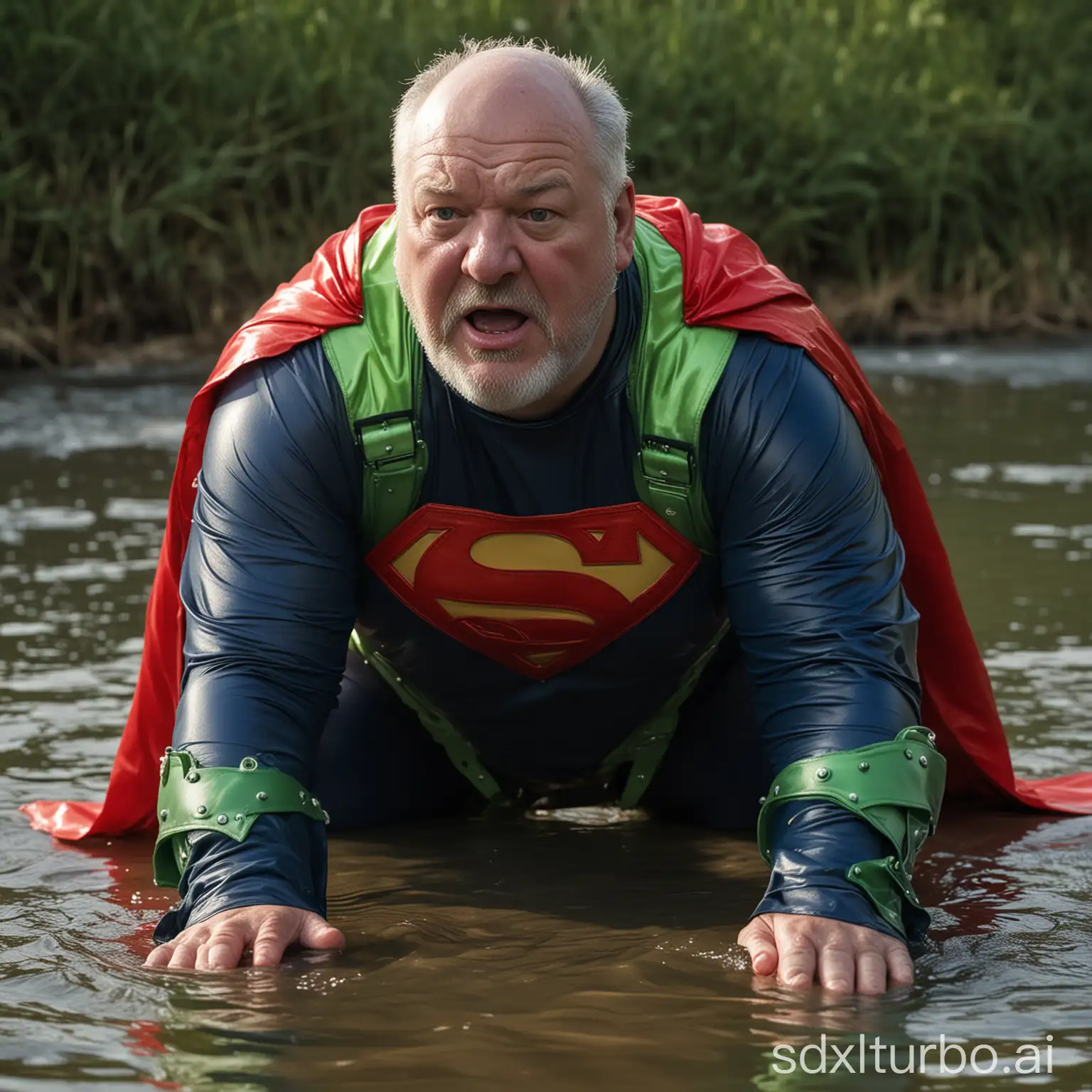 Close-up portrait of an afraid fat man aged 60 crawling in a river outside with his hands clasped with green glowing cuffs. He is wearing a silk soaked navy blue tight superman costume. Big large thick heavyweight red leather cape, green glowing neon dog collar on the neck. Natural Light. --style raw --ar 1:1