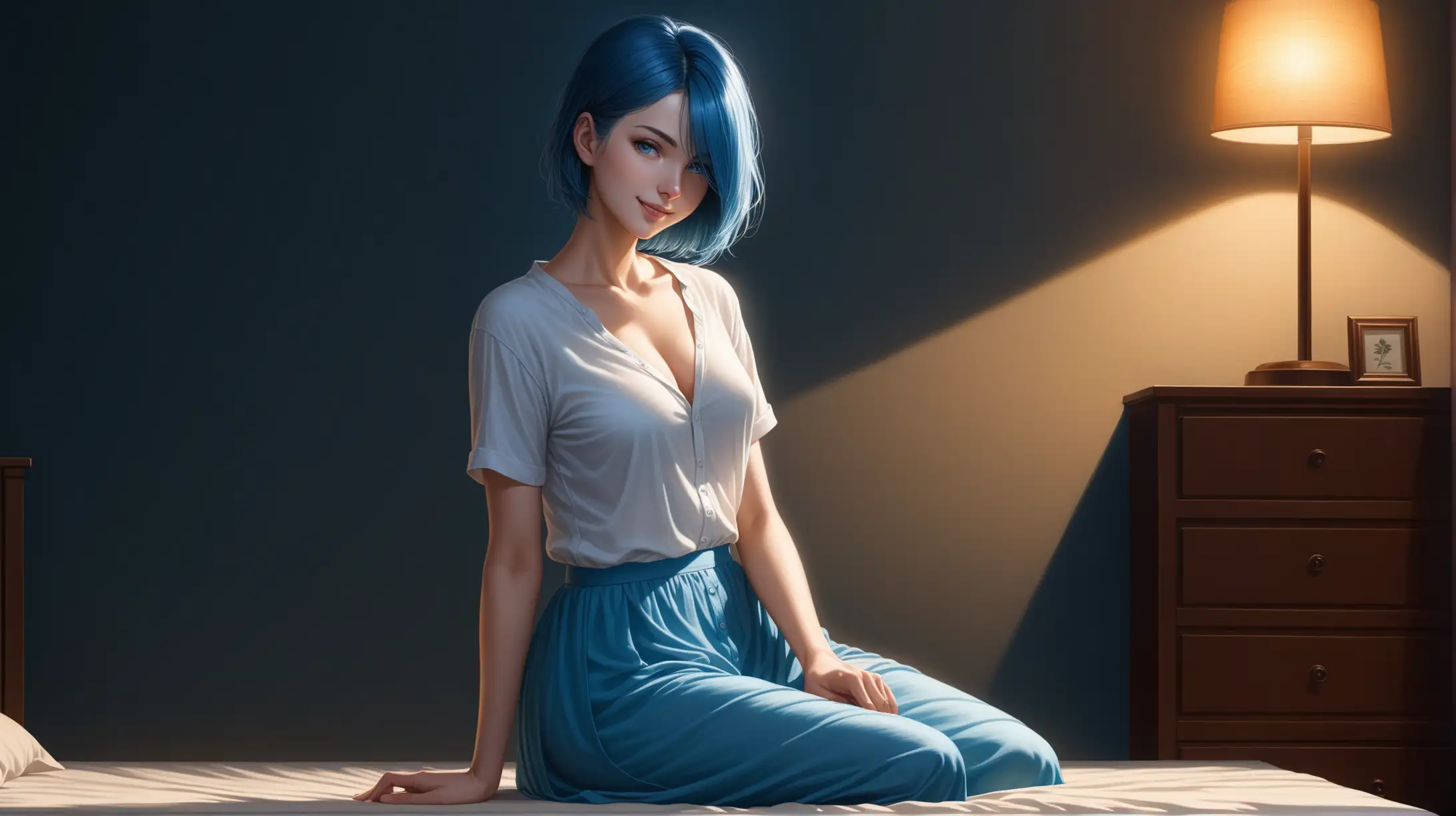 Draw a woman, short blue hair covering one eye, blue eyes, slender figure, high quality, realistic, accurate, detailed, long shot, full body, night lighting, indoors, long skirt, summer shirt, seductive pose, smiling at the viewer