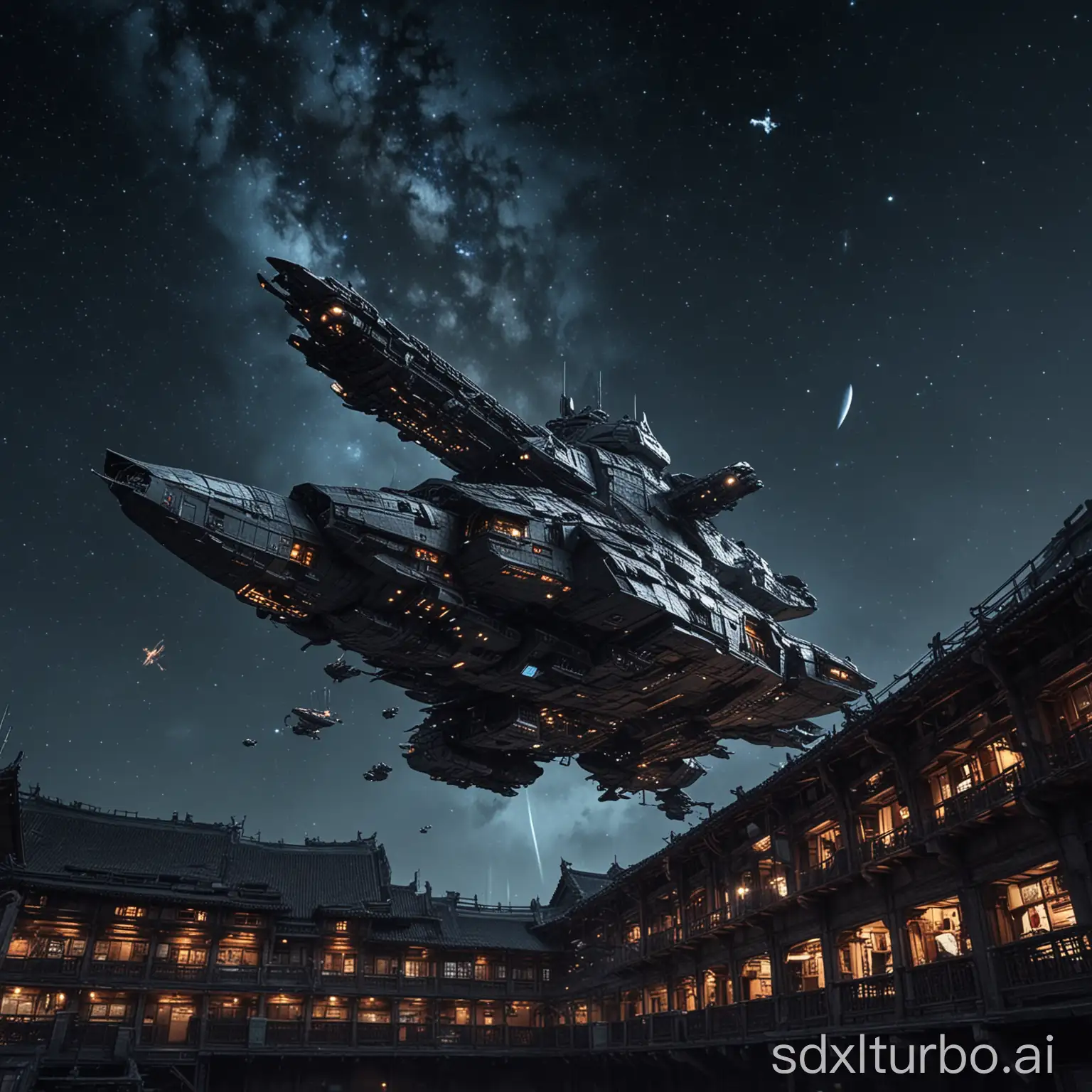 many spaceships of the universe warship fly over the night sky, under which there is a one-story  Minnan building with a courtyard, the building takes up half of the screen