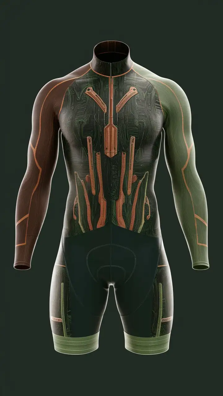 front view, design of man cycling shorts, front view, dark green and green and wood and brown and orange colors, cybernetic style