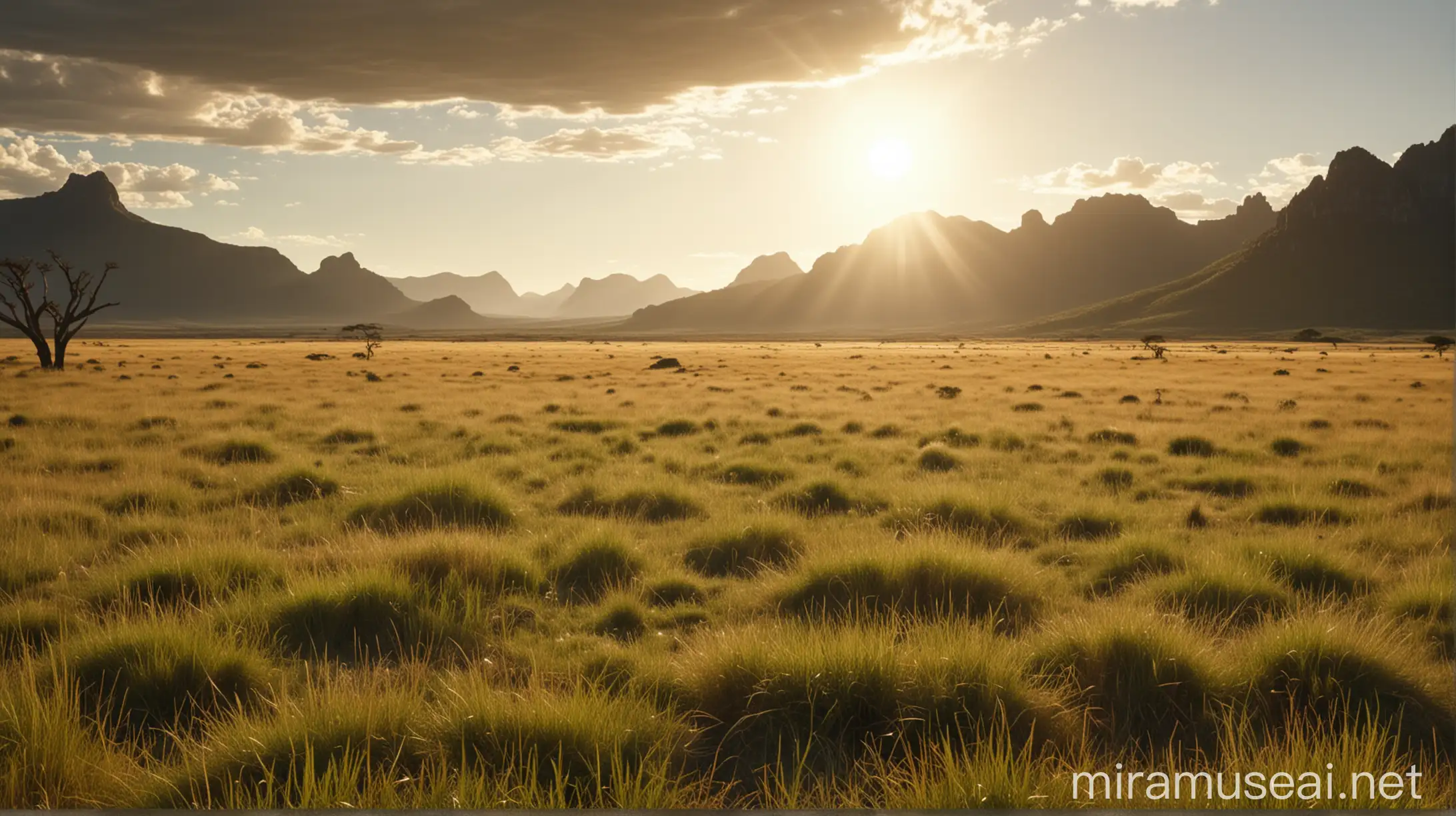 vast, beautiful wideshot of savanna landscape, lush grass, sun, mountains in the background, beautiful