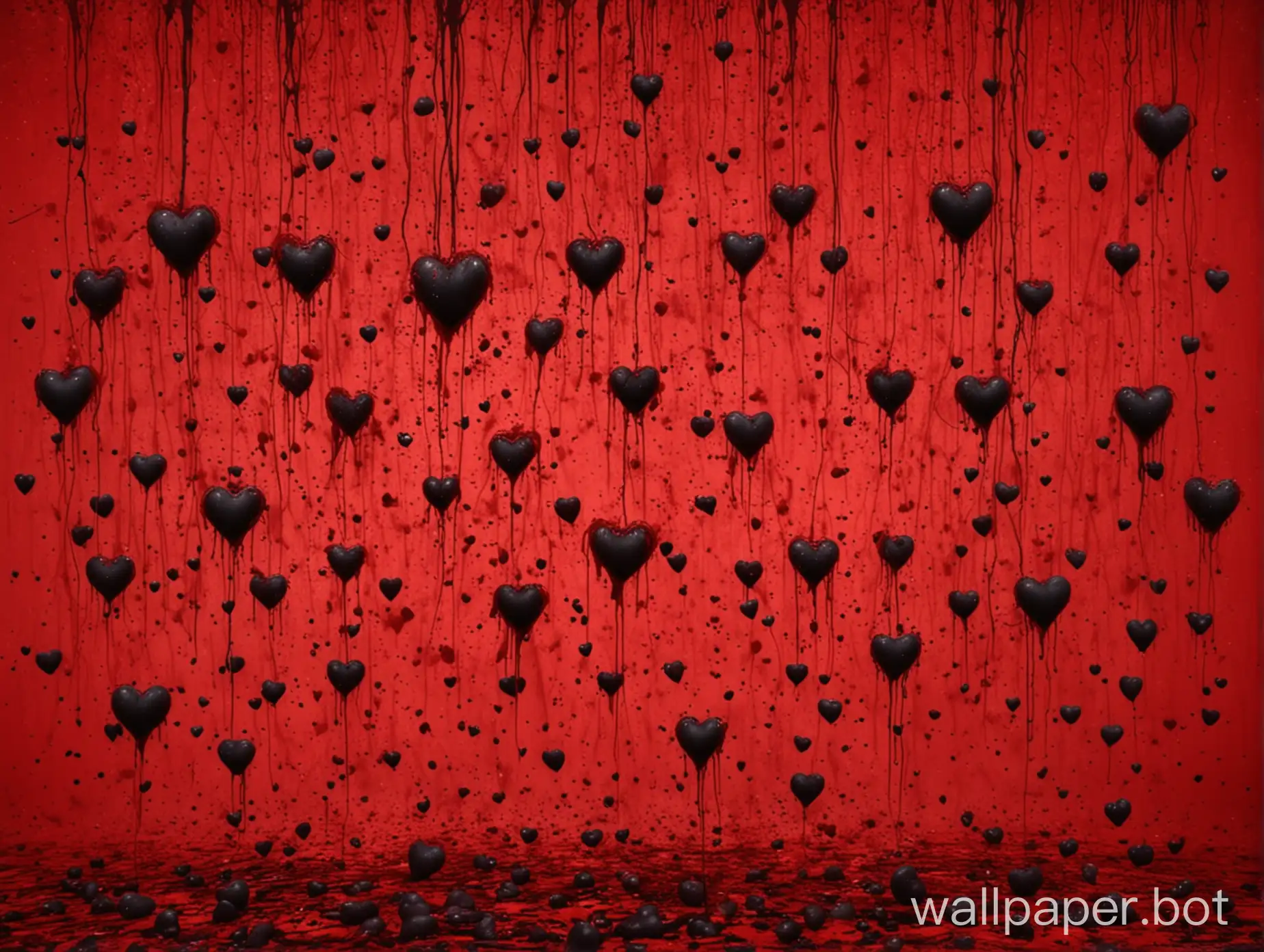 create a bloody red background with black hearts floating everywhere