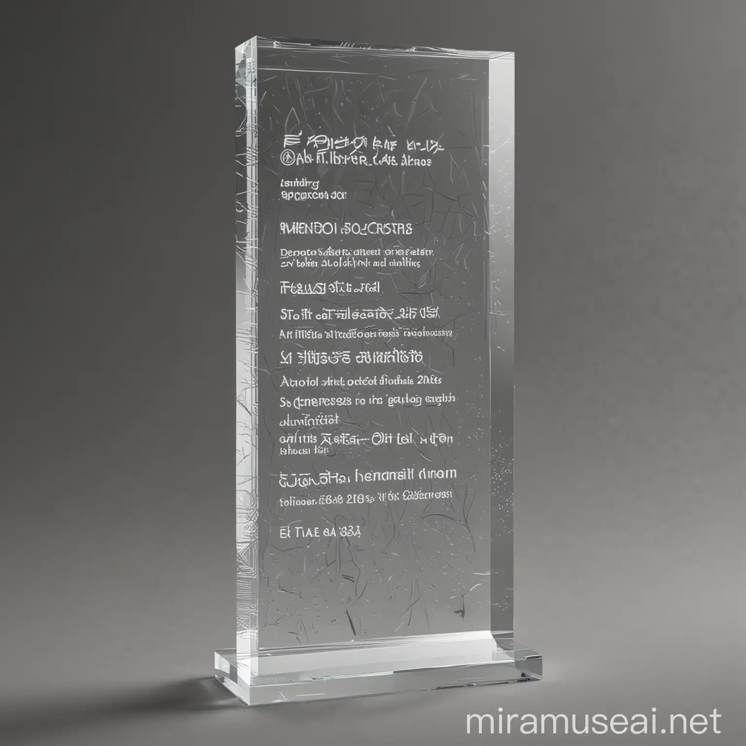 this is an architectural glass award. I want you to remake it with glass texture with an engraved text on the glass pedestal part which says this : Építészeti alkotás Pro architectura 2024