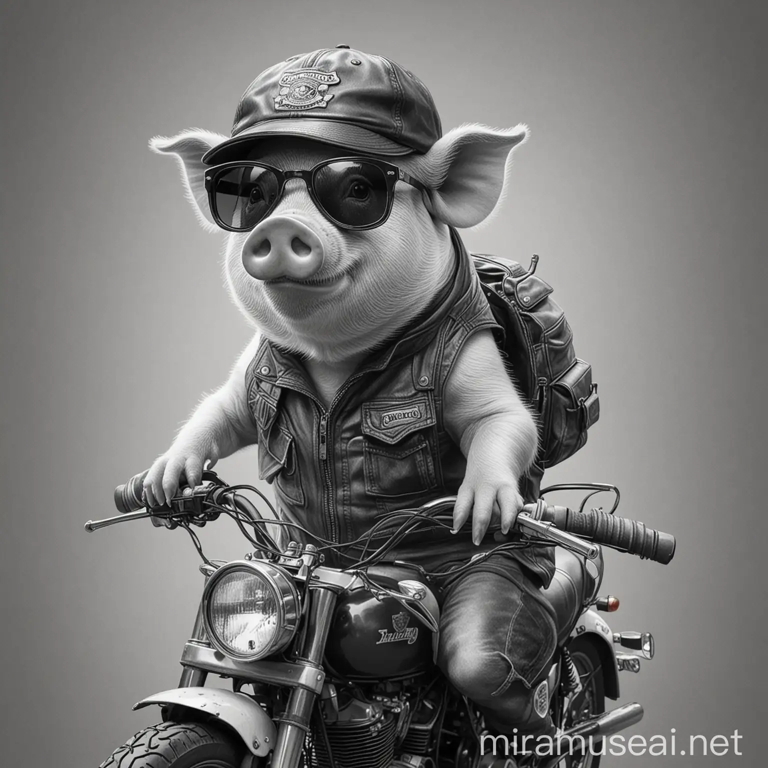 Cool Pig Riding Motorcycle with Cap and Sunglasses