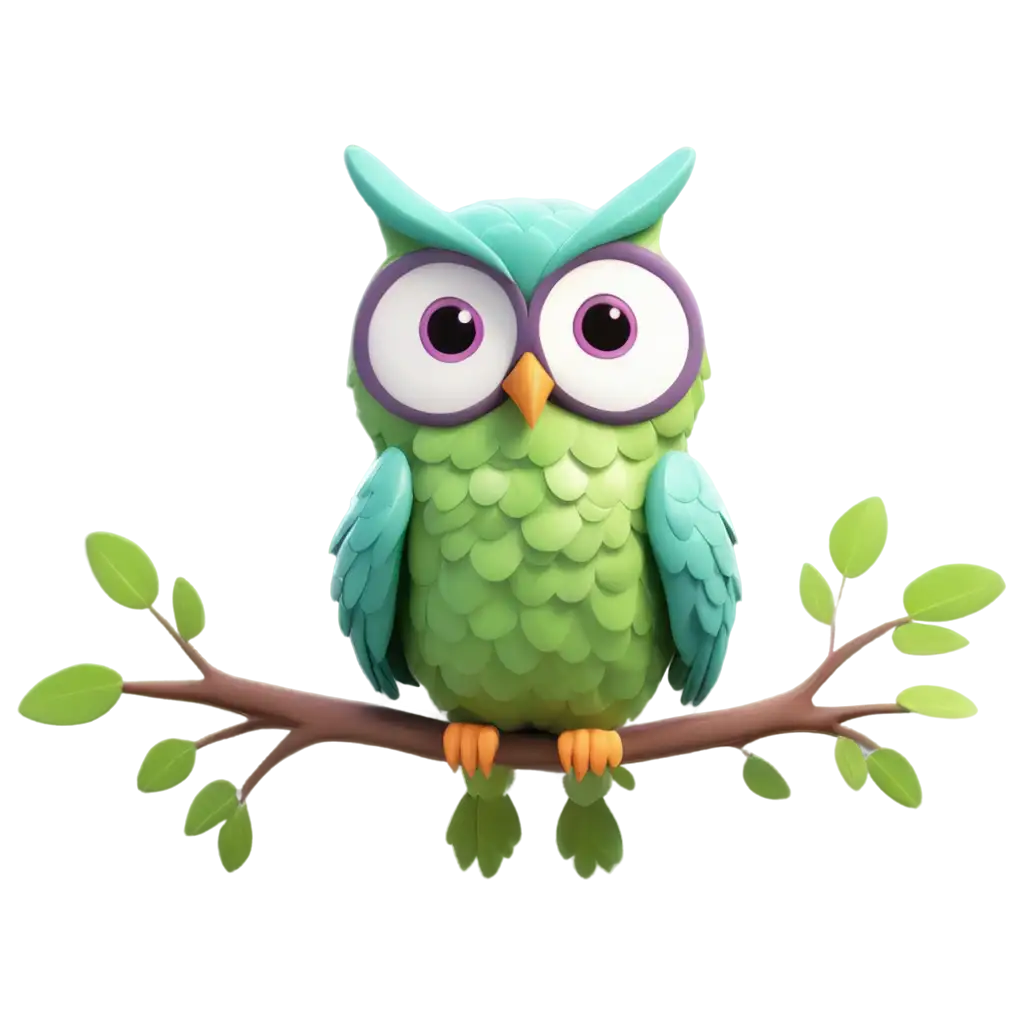 cute 3d owl standing on a branch use green, white and violet as main colors 