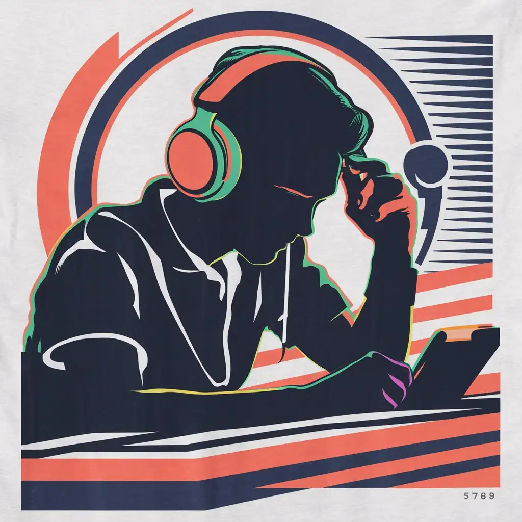 Retro Style Graphic TShirt Design Focused Person with Wireless Headphones