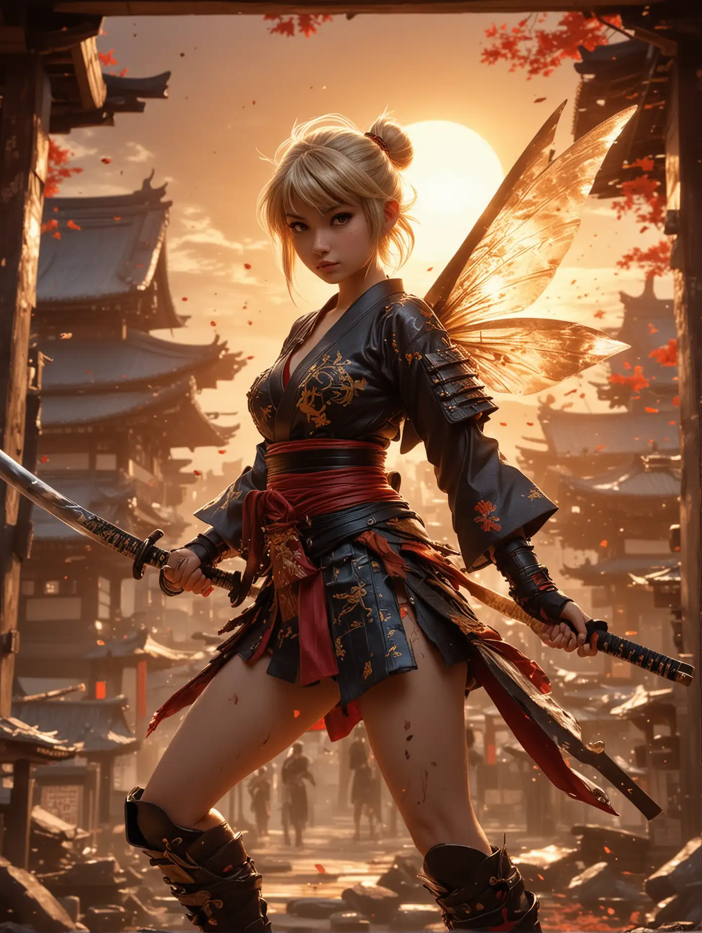 A masterful and striking conceptual art potrait, showcasing beauty anime tinkerbell wears samurai warrior outfit, she was holding katana, deeply immersed in the chaotic energy of a war Zone. Dynamic martial action pose at japanese temple background with amazing ray tracing of sunset light.