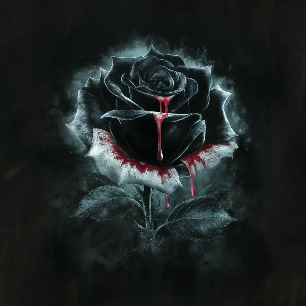 A black rose with blood on it with vampire diaries theme with black background 