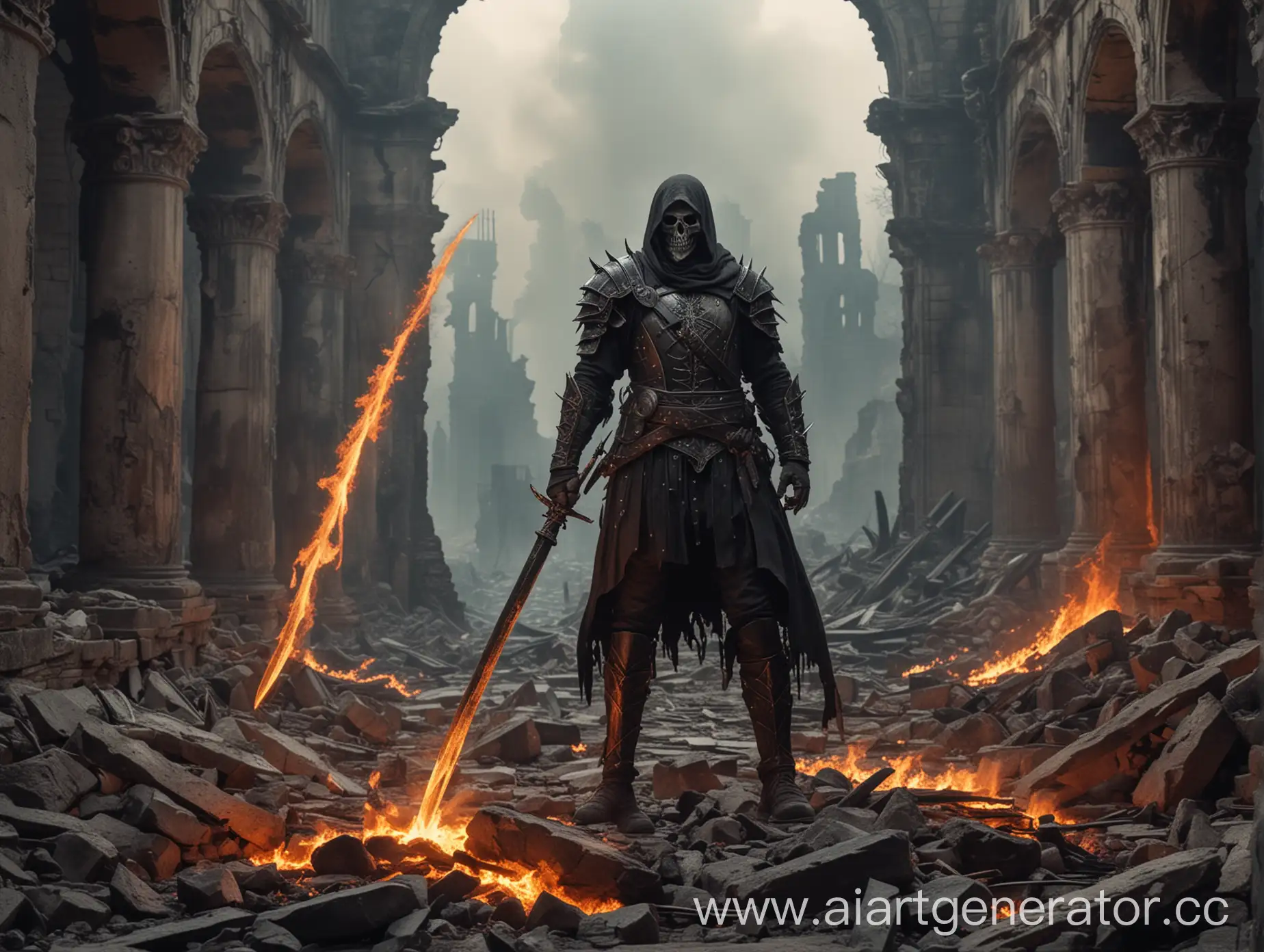 Человек стоит с двумя огненными клинками на развалинах старого мира, от него веет смертью