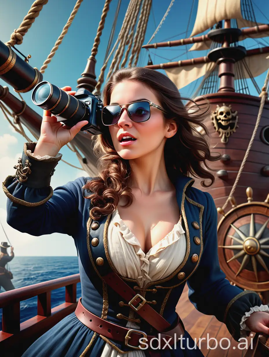 A young and beautiful female time traveler with a modern Nikon camera and designer sunglasses, capturing an old Spanish galleon in a dynamic pose, holding a smartphone that combines photography with digital painting techniques, paying special attention to detail, dramatic lighting, and octane rendering for perfect facial feature representation, at 16k resolution, to create a photorealistic experience of the historical pirate times, with high detail for beautiful antique aesthetics