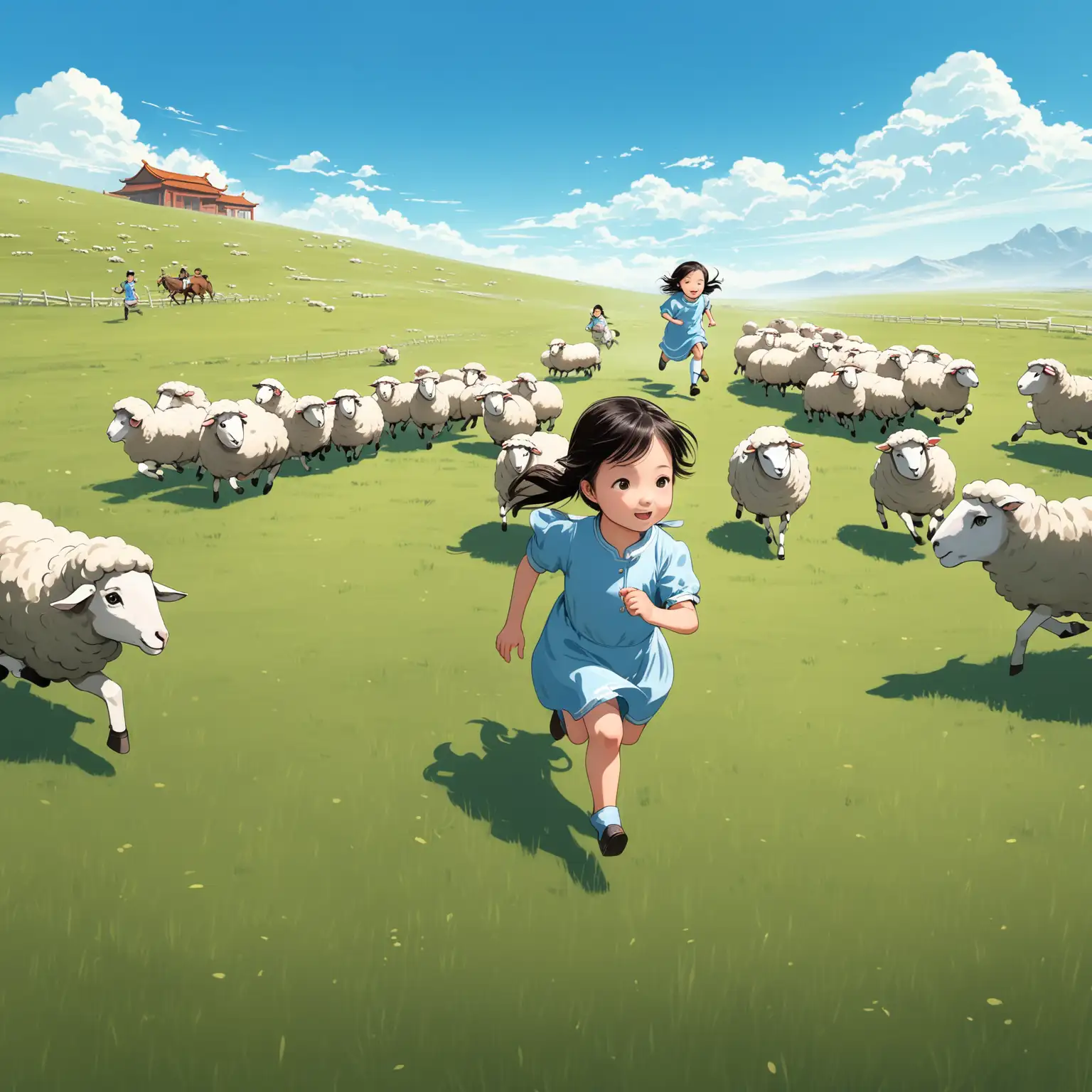 一个中国小女孩在蓝蓝的白云下的草原中奔跑，后面跟着一群绵羊和马匹，