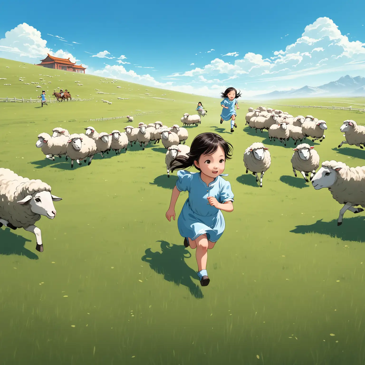 a Chinese little girl is running on the grassland under the blue blue sky, with a group of sheep and horses following her