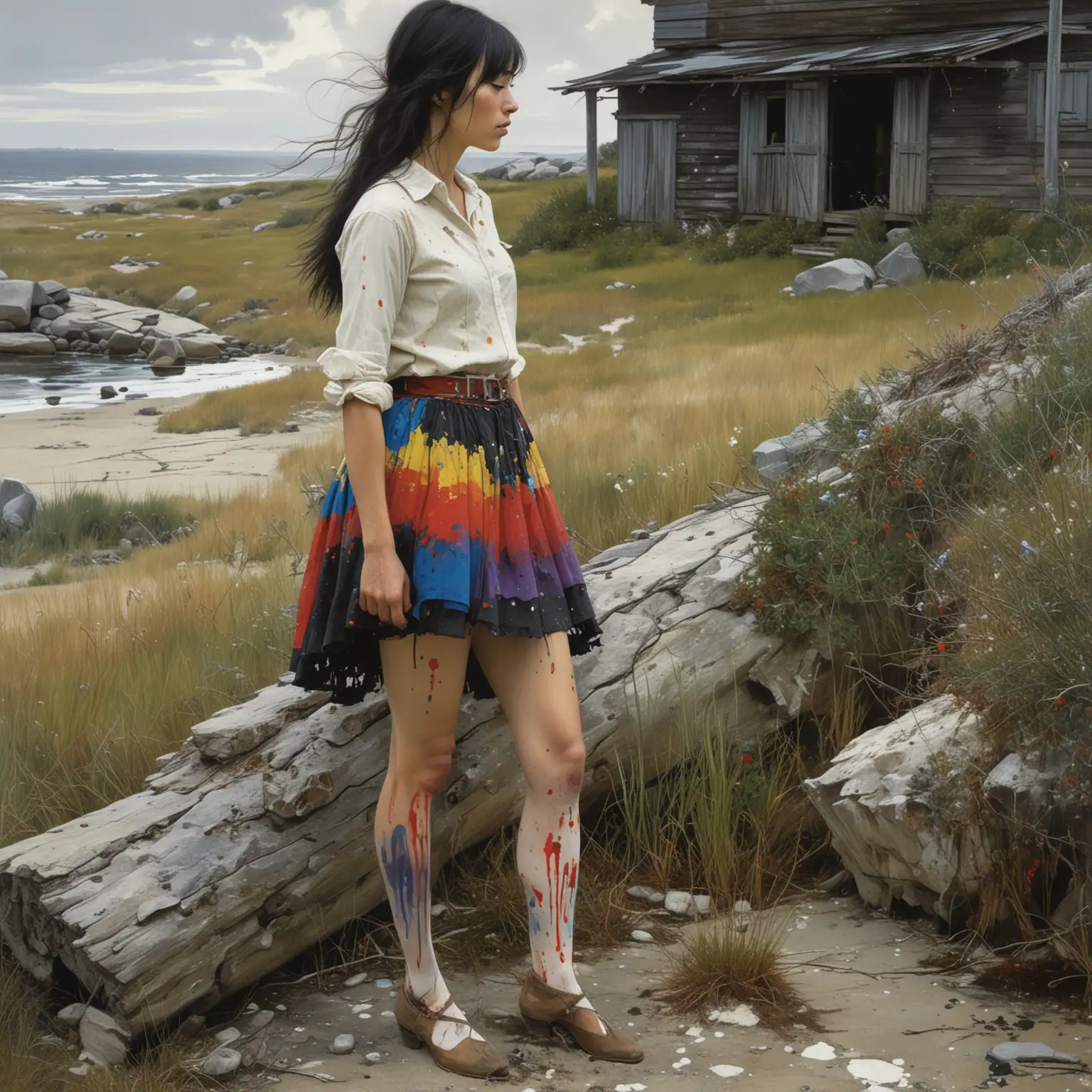 Mexican Woman in Colorful Skirt Painting on Oregon Shoreline at Evening by Andrew Wyeth