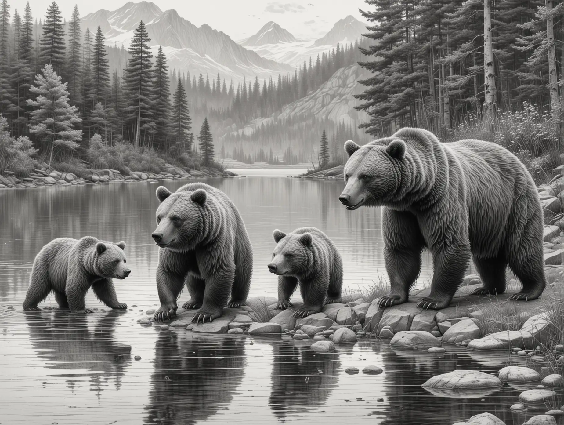 Realistic-Pencil-Drawing-of-Bears-by-the-Lake-Shore