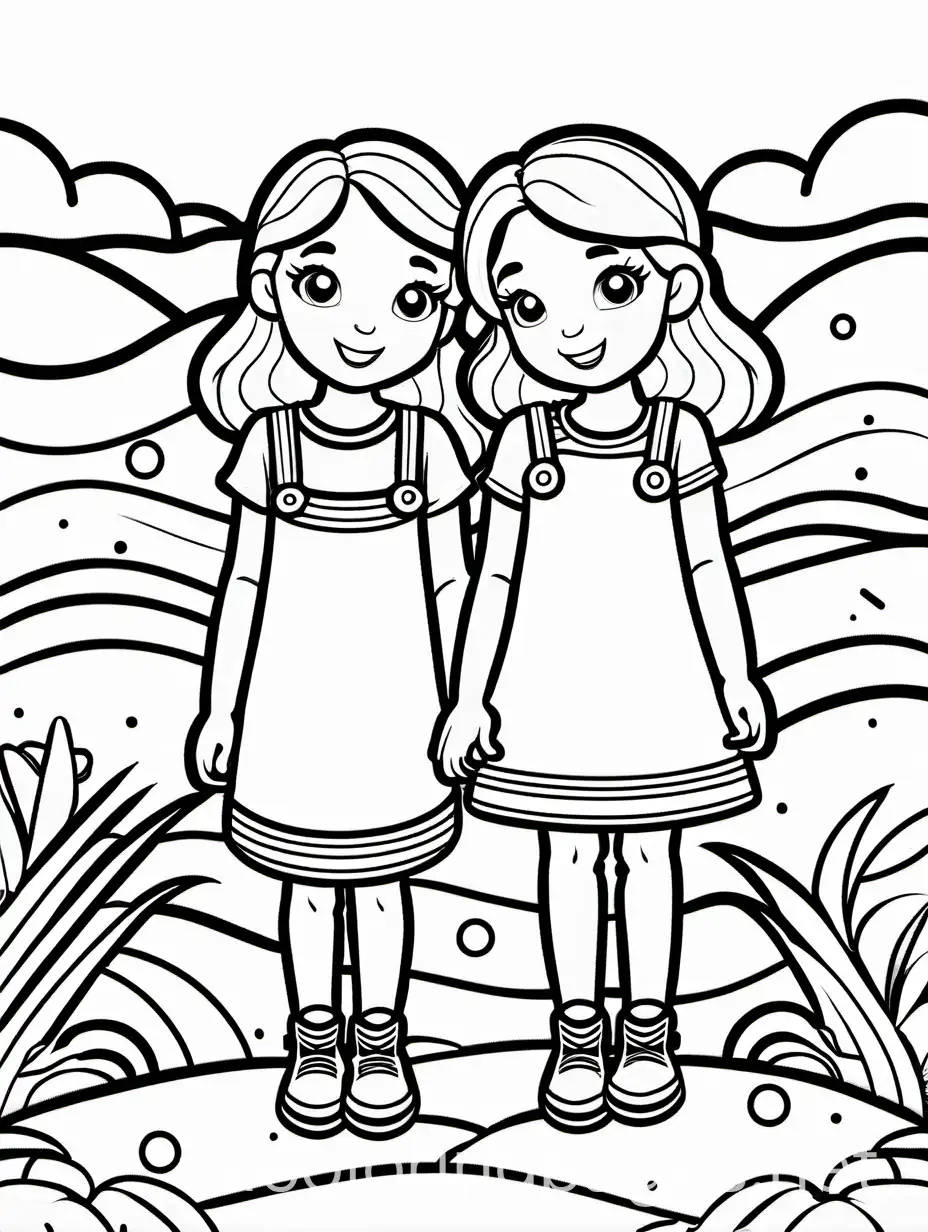 Two-Girls-Playing-Coloring-Page-Simple-Black-and-White-Line-Art-on-White-Background