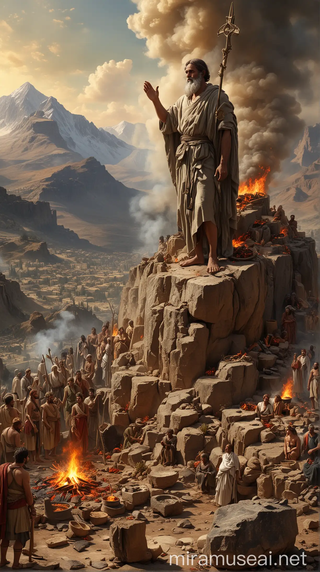Create an image of Solomon standing on the highest mountain of Gibeon, preparing to offer 1,000 burnt offerings. The scene should depict an ancient, sacred atmosphere with a grand altar and smoke rising from the offerings."In ancient world 
