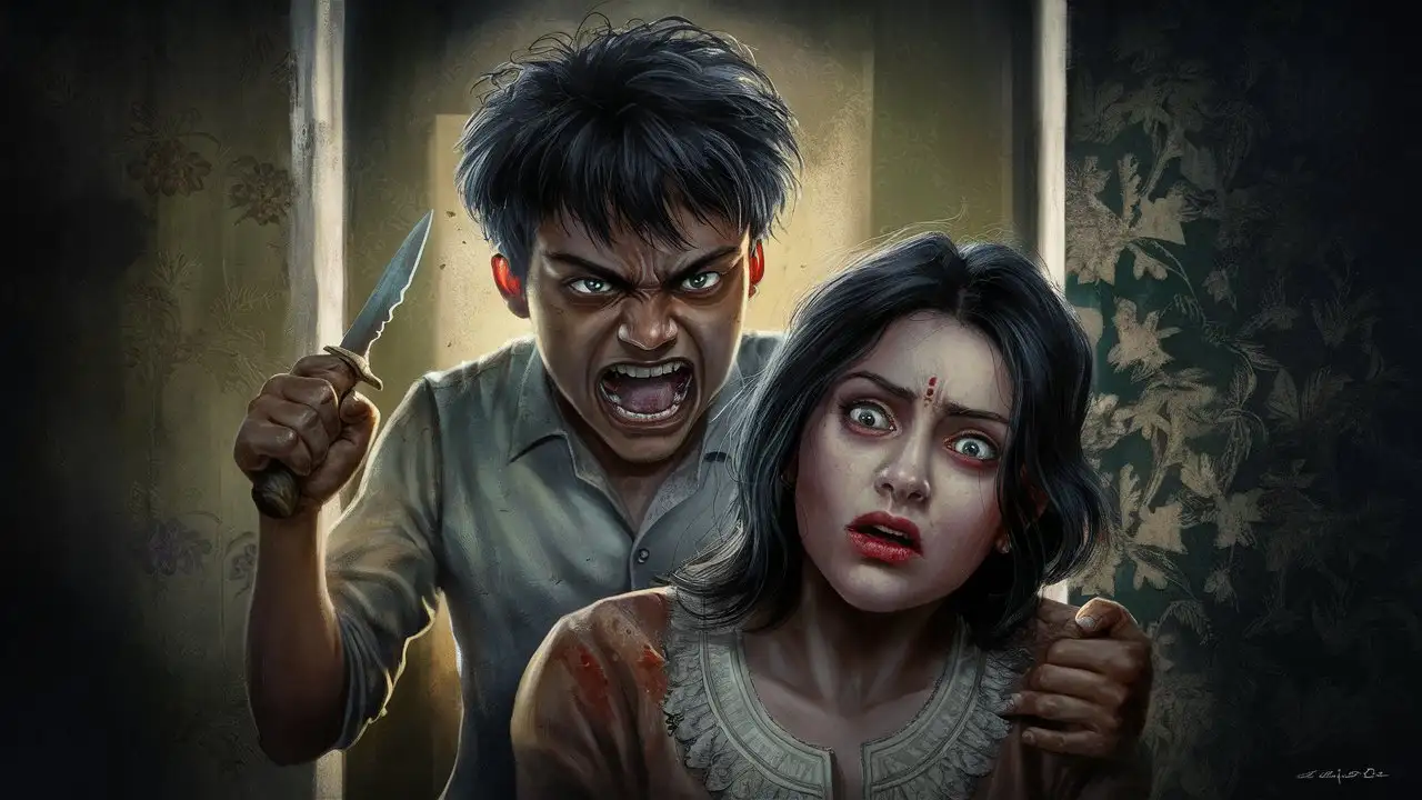 An Indian angry young man with a knife standing in front of 20 years old Indian girl