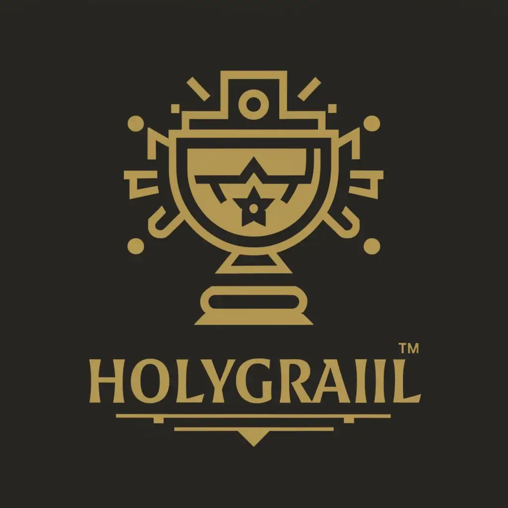 a logo design,with the text "HOLYGRAIL", main symbol:A golden grail from which a collector's card comes out and is protected by the handles of the grail it should be recognizable that it is a card,complex,be used in Others industry,clear background