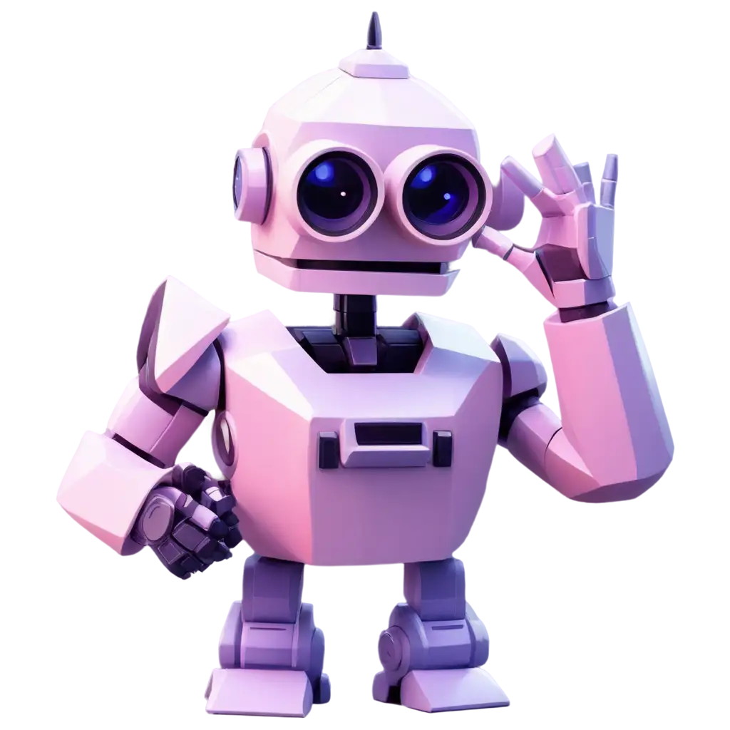 portrait of robot holding binoculars, pink and purple colors, low poly illustration, pixar