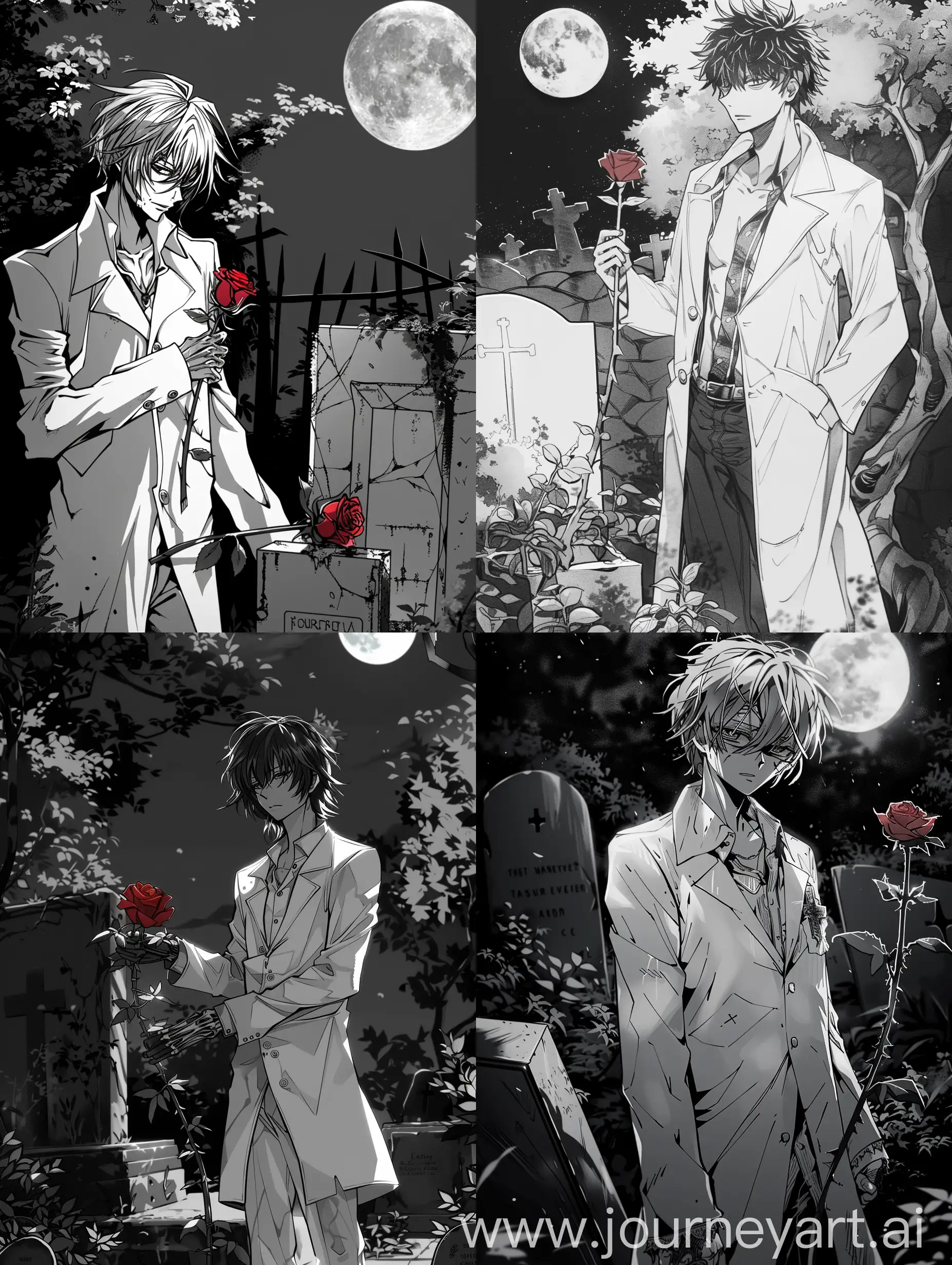 Guy, haircut: square ,dressed in a white coat unbuttoned , standing by the grave , at night , the moon is shining , the guy is holding a red rose in his hand , demonic eyes. a kind look , a kind smile . Anime , black and white drawing In full growth