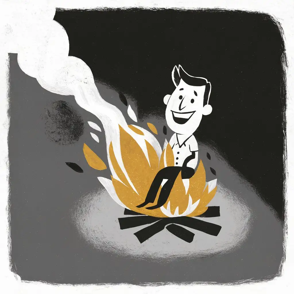 an illustration for a children's educational magazine depicting a man sitting on a burning bonfire, in detail, cartoon style, simplified, minimalism, contrast, a man sitting on fire and burning, a man smoking