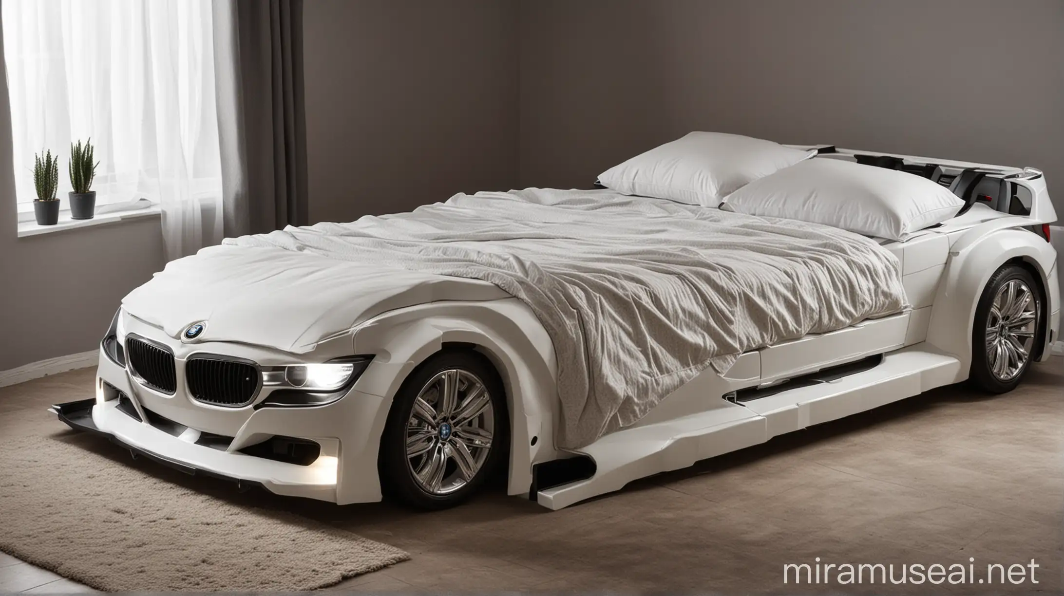 Double bed in the shape of a BMW car with headlights on