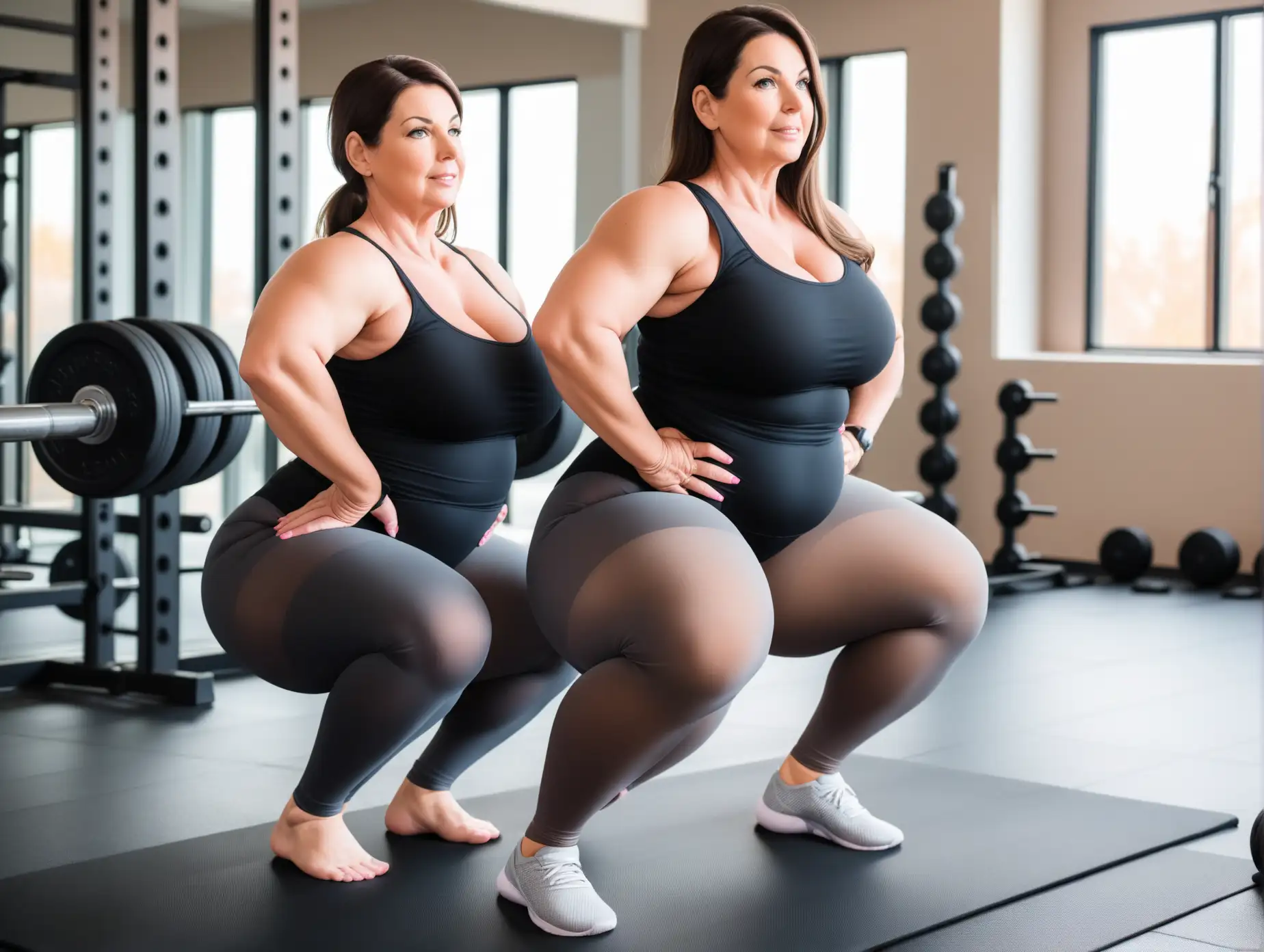 Mature, Curvy Brunette Mom, wearing a full black leotard, gray pantyhose, back straight, squat exercises with her sister, who wears an untucked, stretch pink button down shirt, gray pantyhose,  hands on hips.