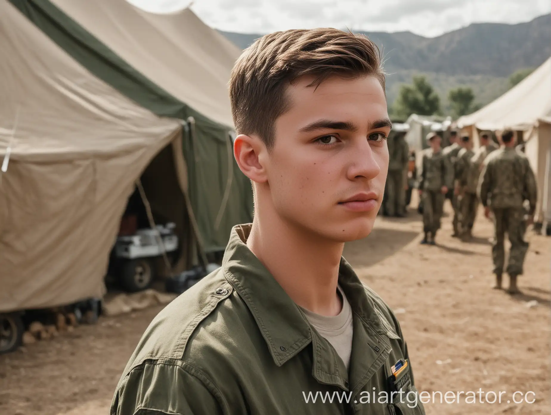 американский военный, 20 лет, светлые короткие волосы, скулы, стоит посреди палаточного военного лагеря, задумчиво смотрит вдаль, сзади стоит военный грузовик