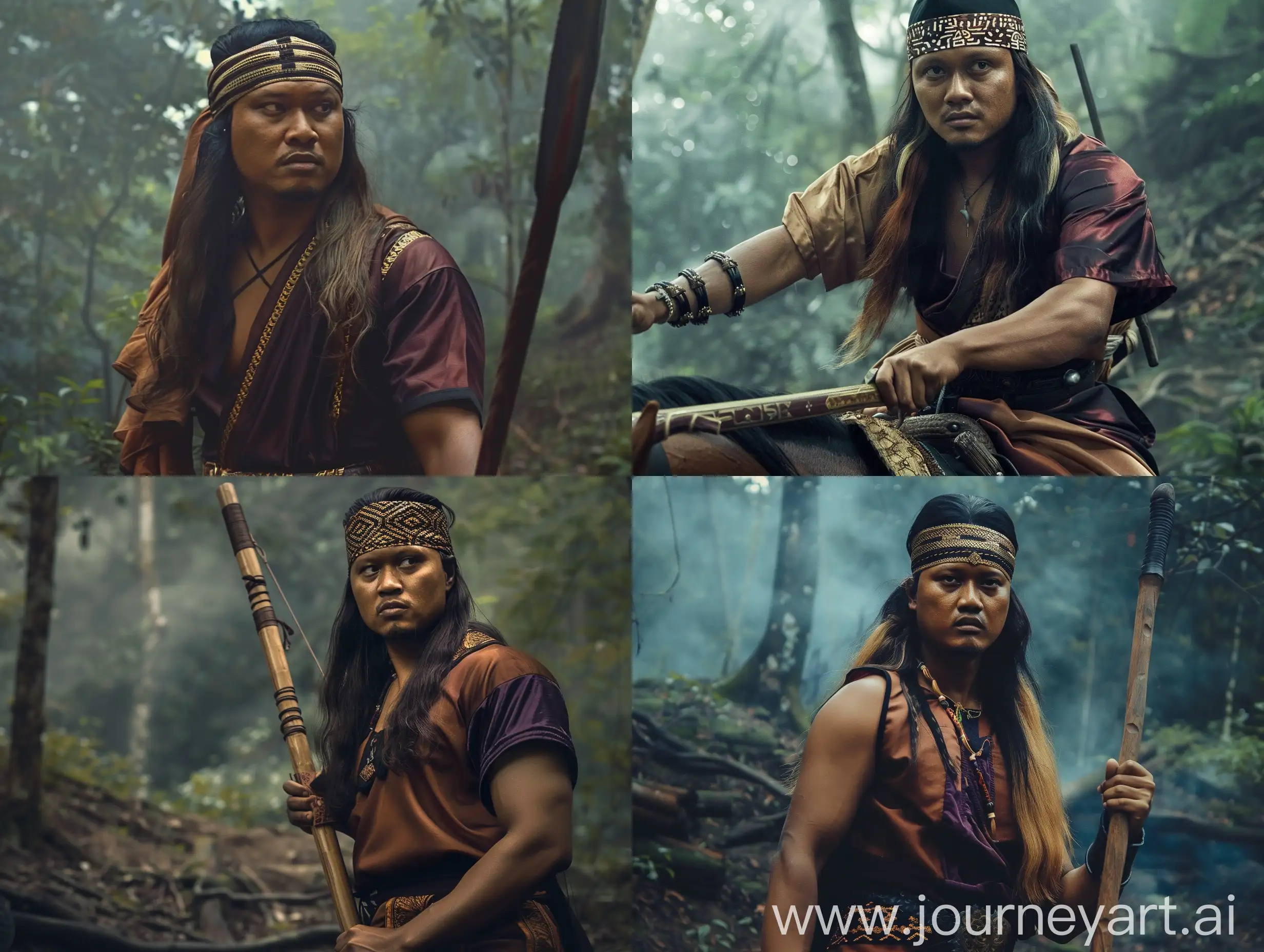 A soldier from the Indonesian Majapahit Kingdom, long hair, wearing a headband made of batik cloth, wearing brown clothes, he is holding a staff. he was riding in the middle of a dense forest. With a facial expression full of determination and traditional clothing that reflects strength and honor, on his back is a sword ready to face any challenge. The misty forest backdrop provides a mysterious and epic feel, adding to the impression that the warrior is on an important mission to protect his kingdom.