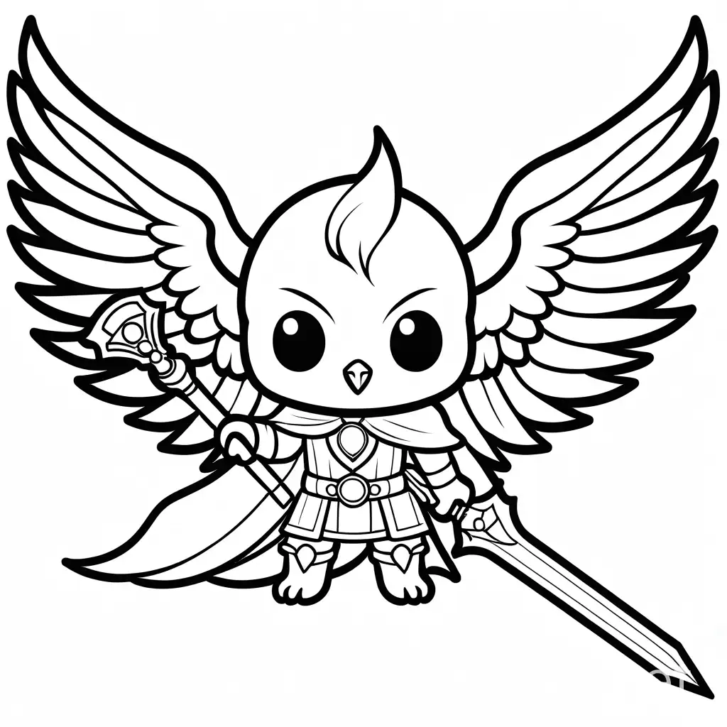 a chibi phoenix bird wearing a cape and a item belt with a crystal sword, Coloring Page, black and white, line art, white background, Simplicity, Ample White Space