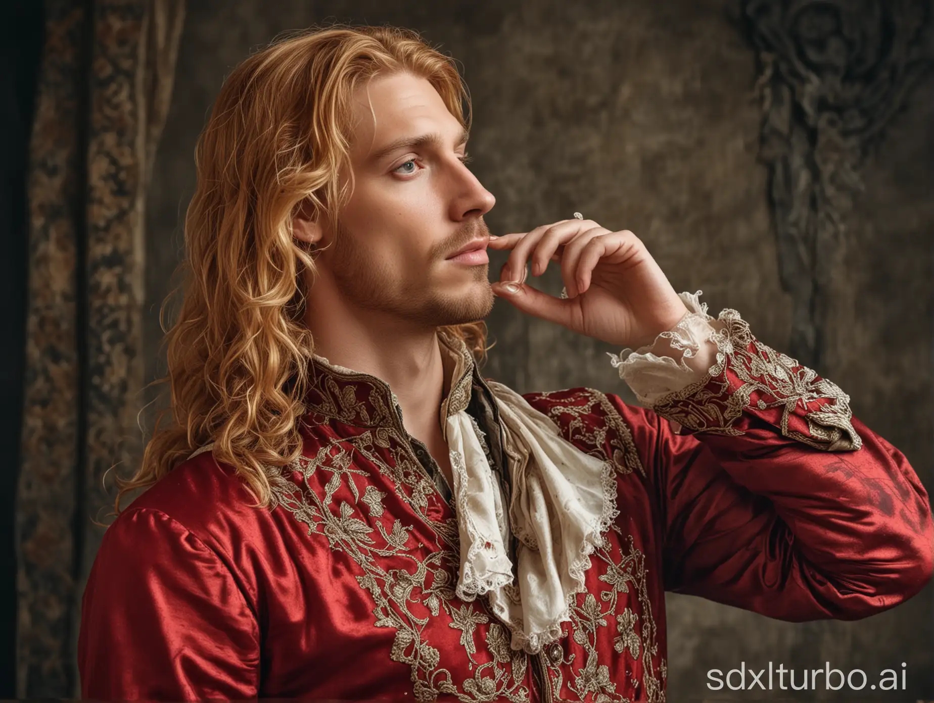 A handsome blman of about thirty-five with a long a bit wavy blond hair in a rich medieval costume stands half sideways with his hand in front of his face and his head up. A red-haired beauty with a perfect figure in a luxurious dress wipes the blood from his face with a lace bloodstained handkerchief.