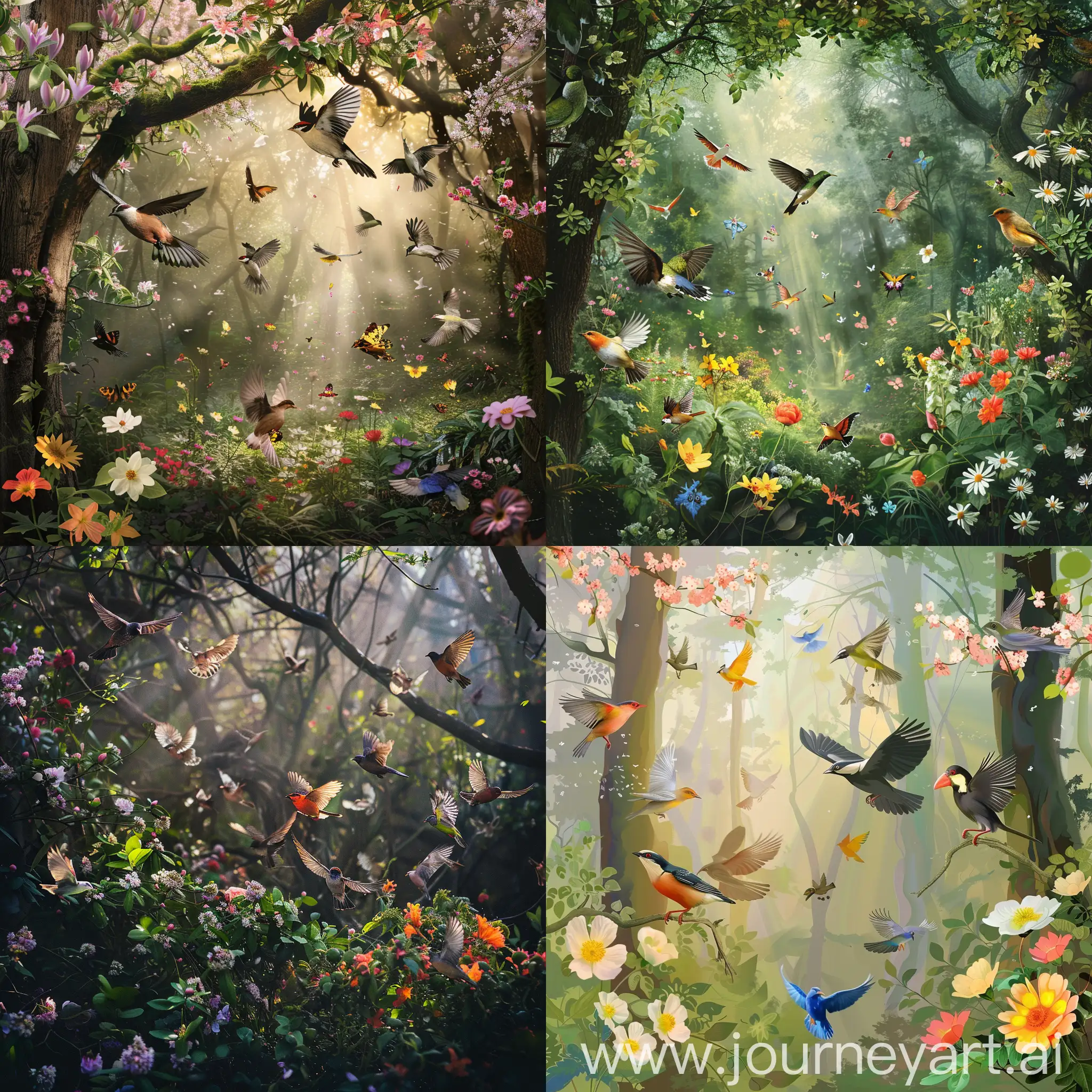 Colorful-Spring-Forest-Blooming-Flowers-and-Flying-Birds