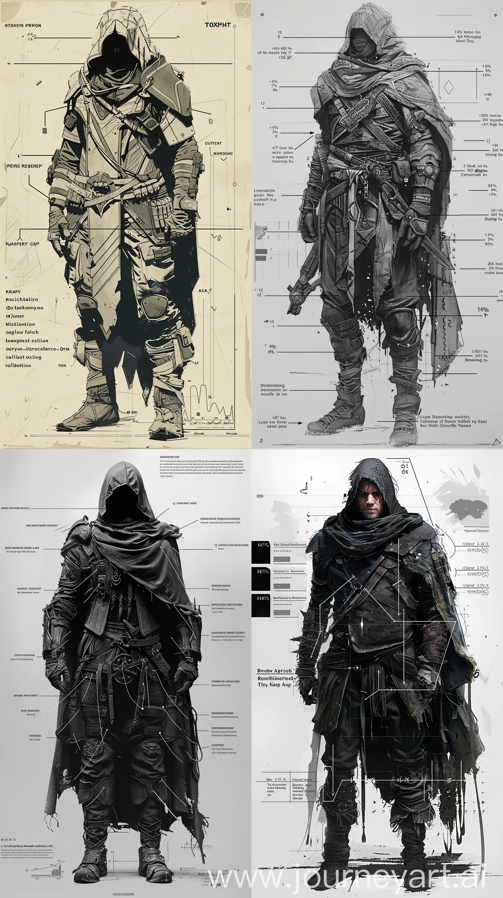 magazine, statistics, lines pointing to clothing and gear, detailed character from a dark, high epic fantasy, lots of details, graphs --ar 9:16