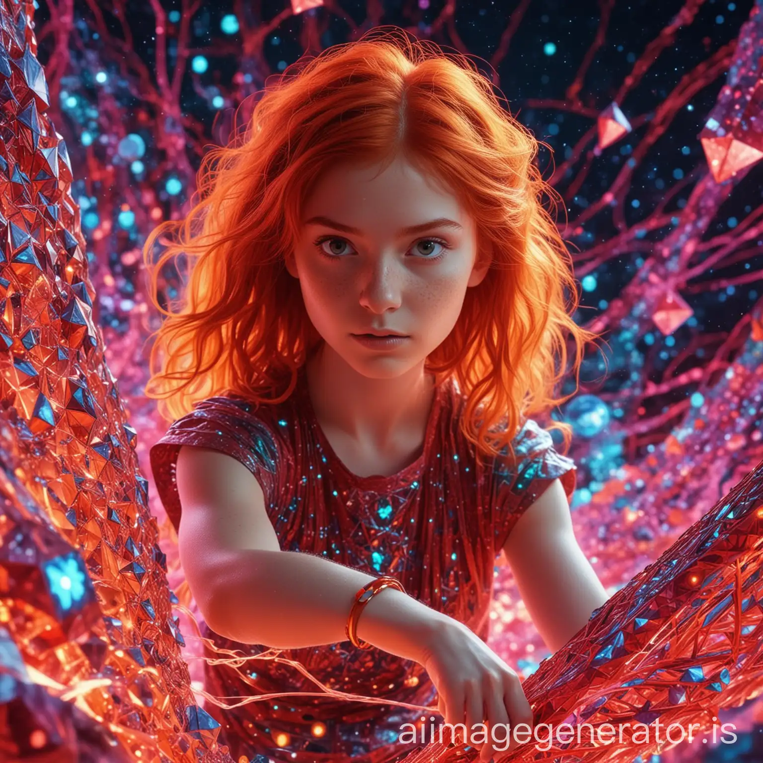 Primer plano de una niña de pelo rojo q salva al mundo tocando el sikuri. Fondo psicodélico de fractales fluorescentes.