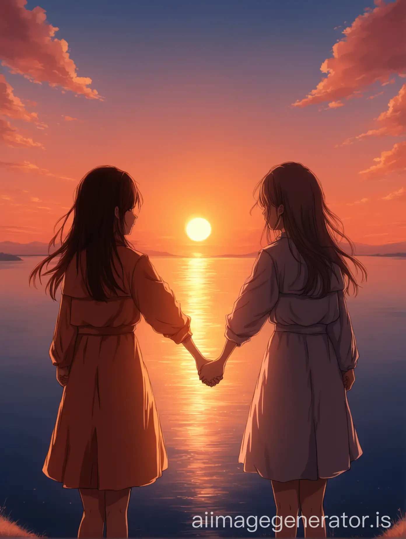help me draw a poster of two girls holding hands, with a beautiful sunset background, the theme of the poster is reconcile with yourself