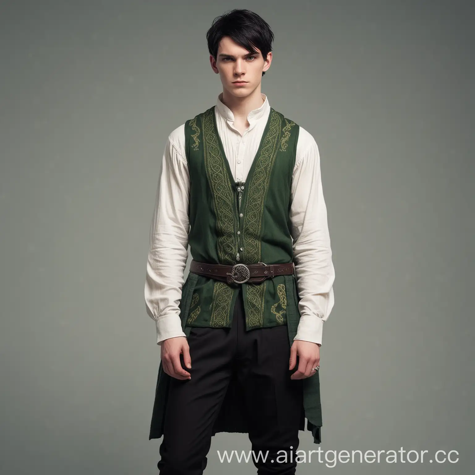 young man, boy, celtic clothes, slim, tall, black short hair, pale skin, annoyed, full heigth, full body, character for 2d novel, beautiful