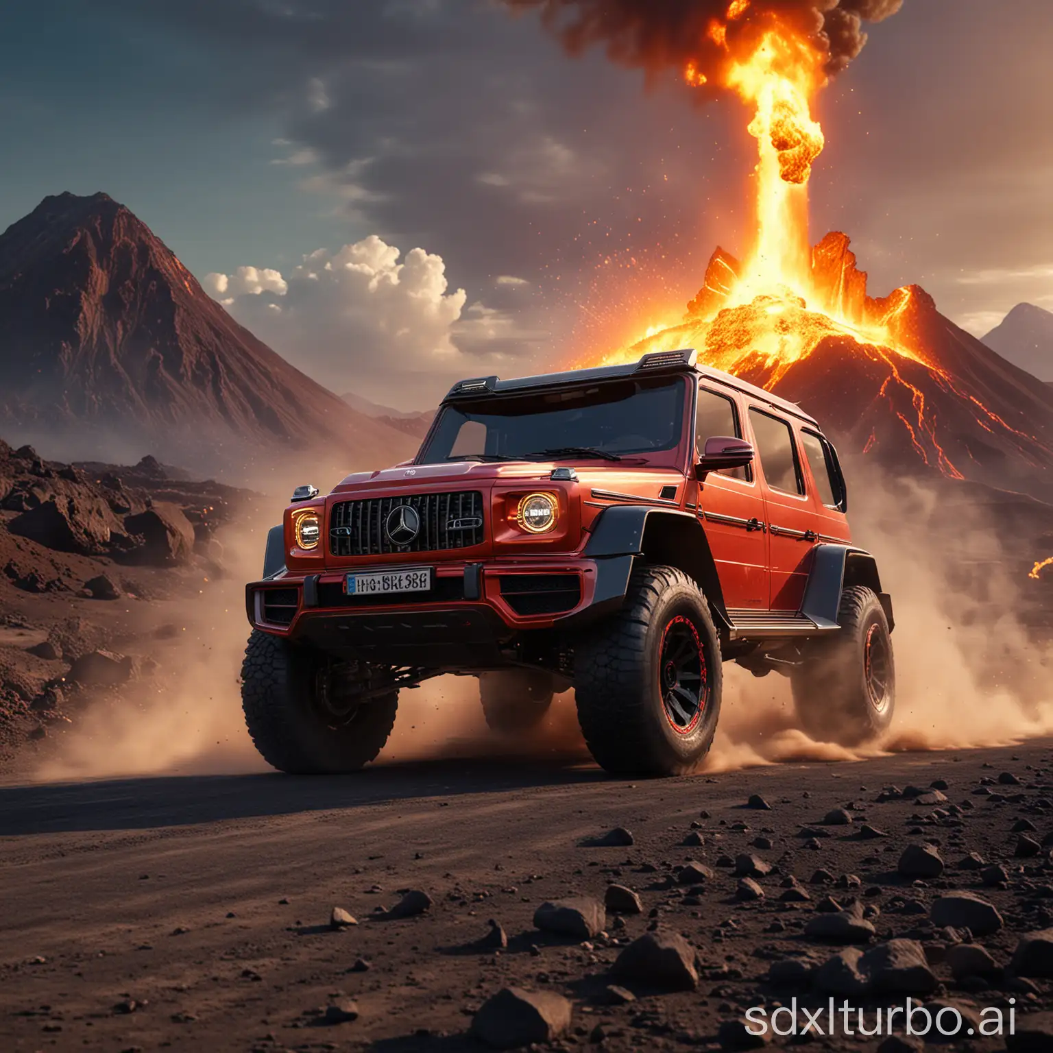 The huge fire unicorn rushes out of the volcano, chasing the future Mercedes-Benz G. The future Mercedes-Benz G is speeding in front, low angle of view, sporty atmosphere rendering, Hollywood science fiction style