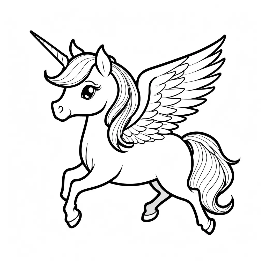 cute pegasus kawaii style, Coloring Page, black and white, line art, white background, Simplicity, Ample White Space. The background of the coloring page is plain white to make it easy for young children to color within the lines. The outlines of all the subjects are easy to distinguish, making it simple for kids to color without too much difficulty