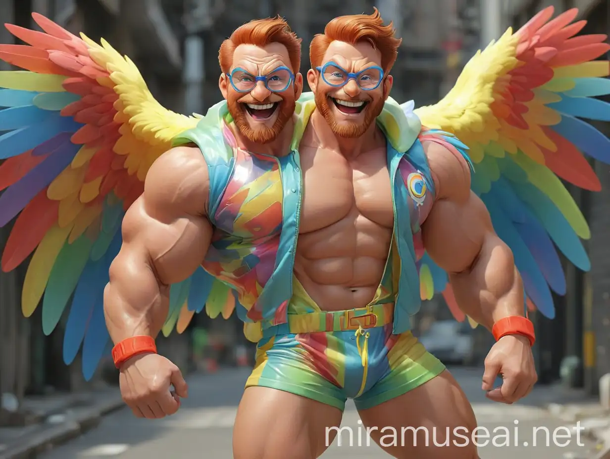 Muscular Bodybuilder Flexing Arm with Rainbow Eagle Wings Jacket