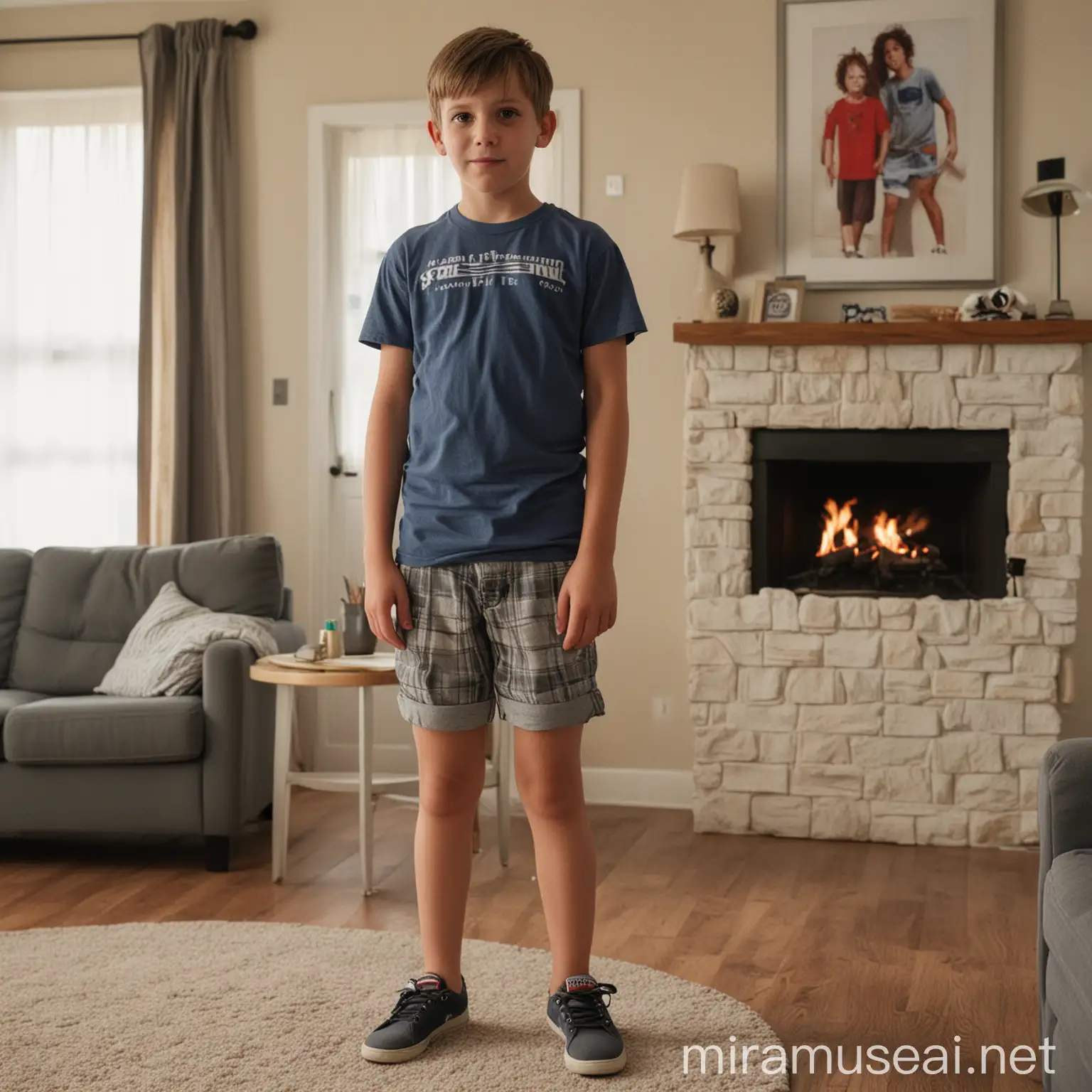 a 10-year-old boy stands in the living room, wearing shorts and a T-shirt